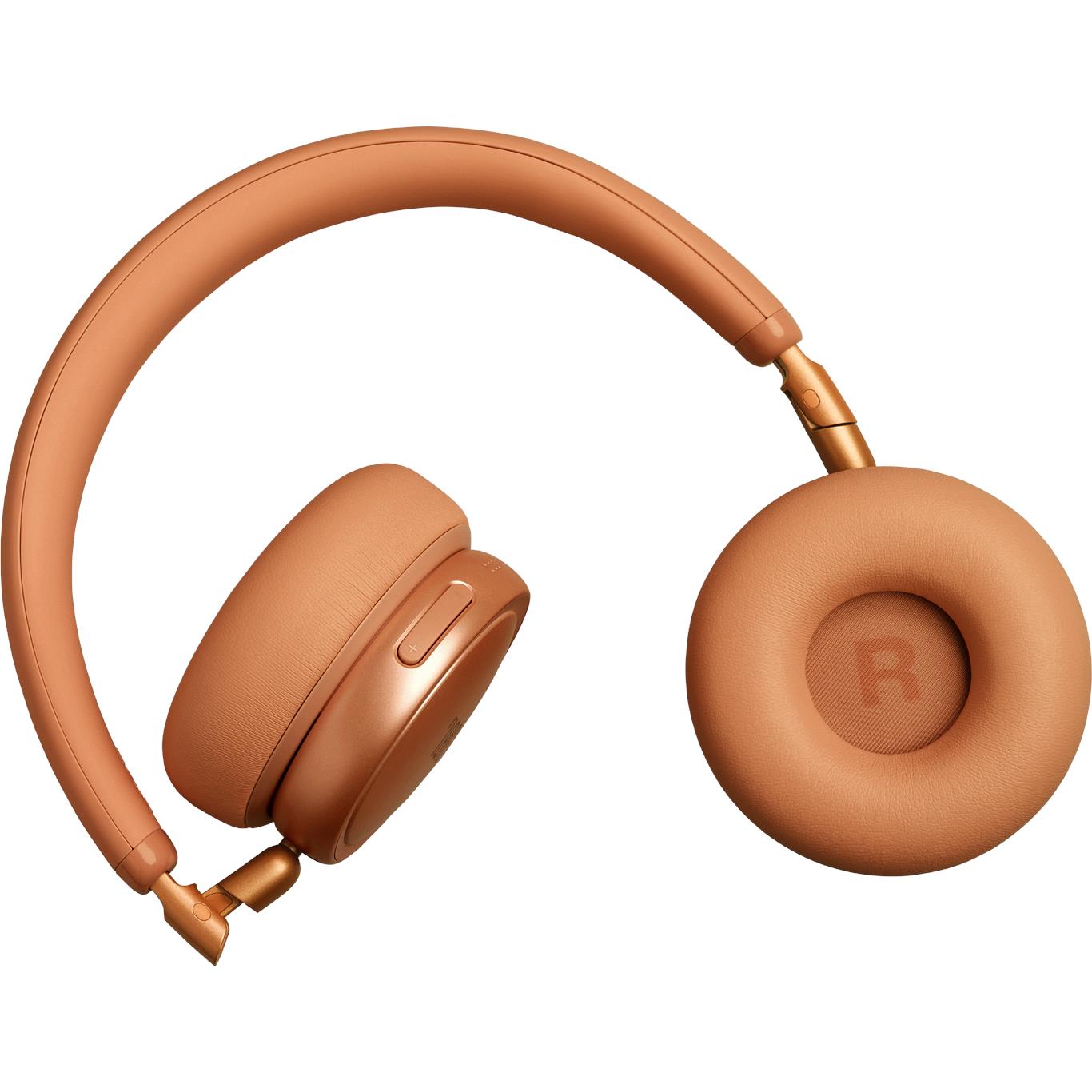 Orange JBL over-ear headphones with right-side ear pad marked “R”
