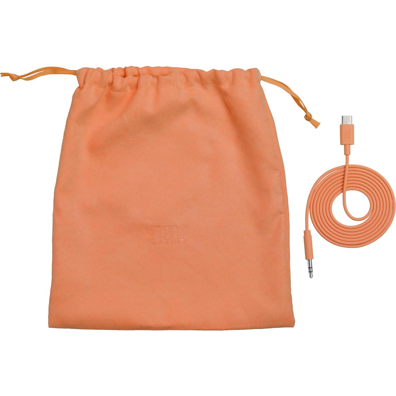 Orange drawstring pouch with coiled orange audio cable and 3.5mm connector