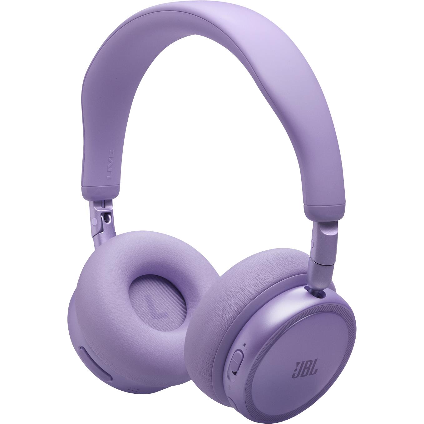 Lavender JBL Live 680NC wireless noise-cancelling headphones, top and side view with mic