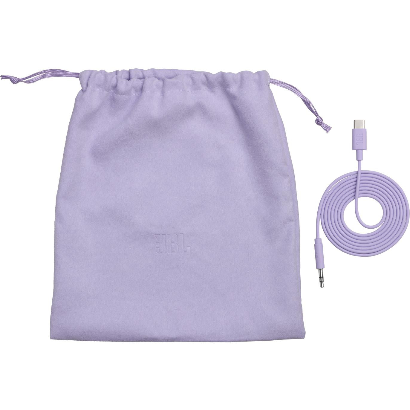 Lavender headphone storage pouch with audio cables