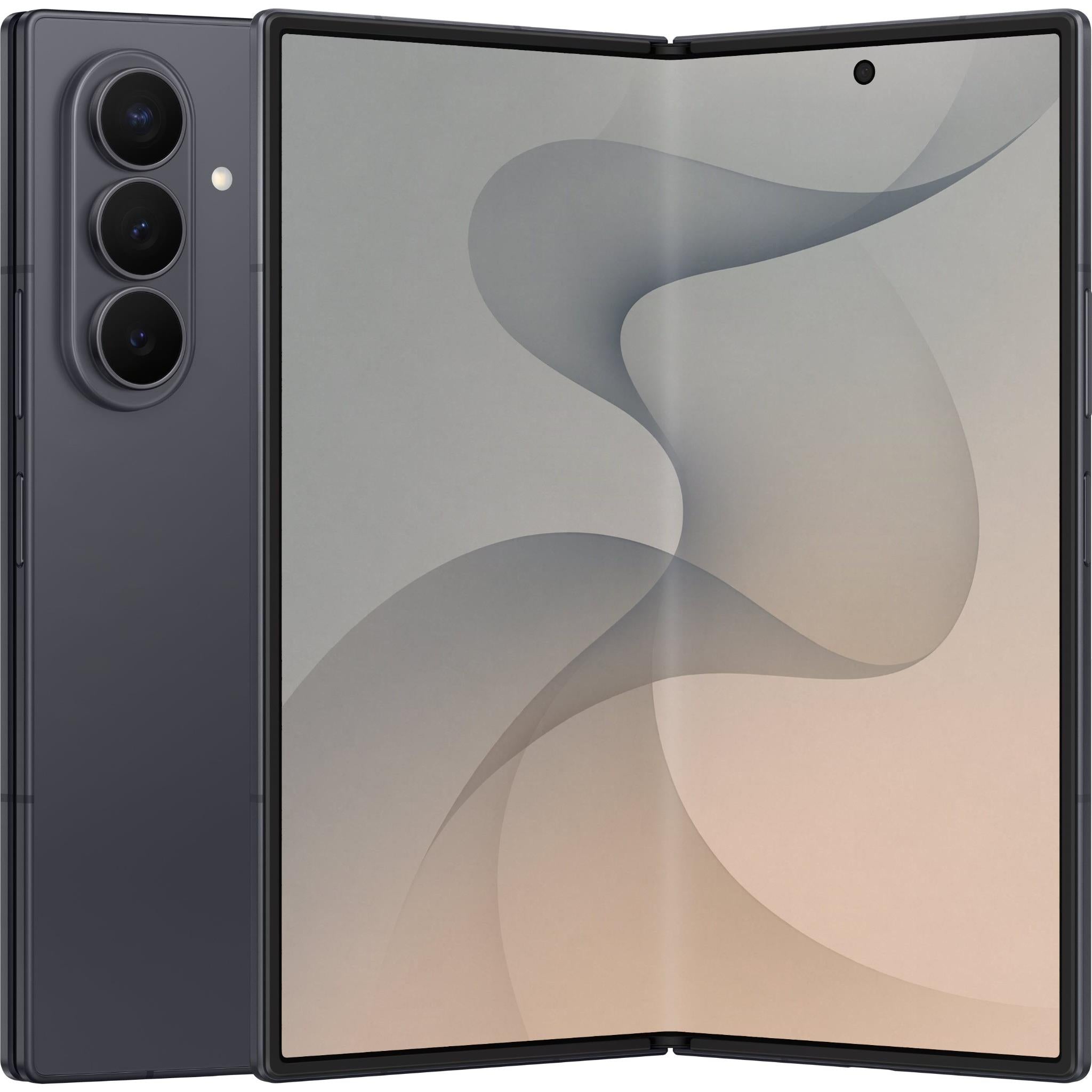 Samsung foldable smartphone, dark graphite with open main display and abstract wallpaper