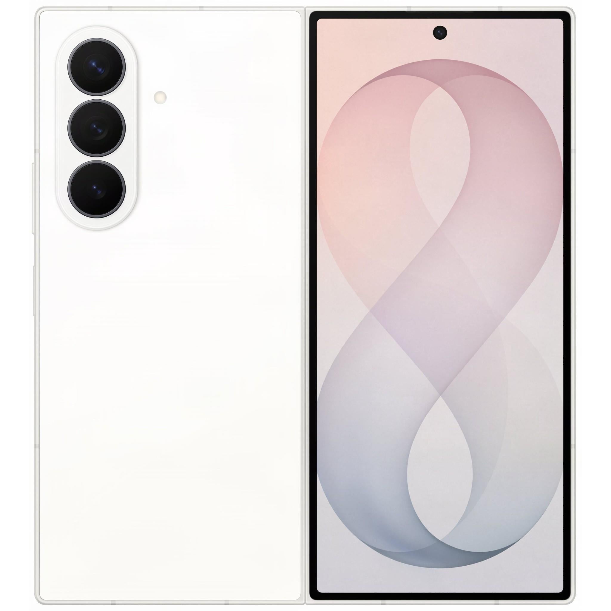 Cream Samsung foldable smartphone showing rear camera module and front screen