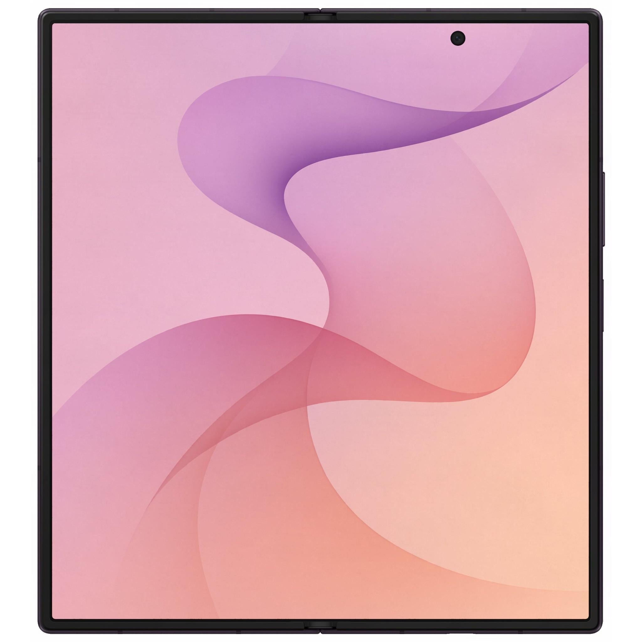 Foldable smartphone in Violet Shadow, front display with abstract wallpaper