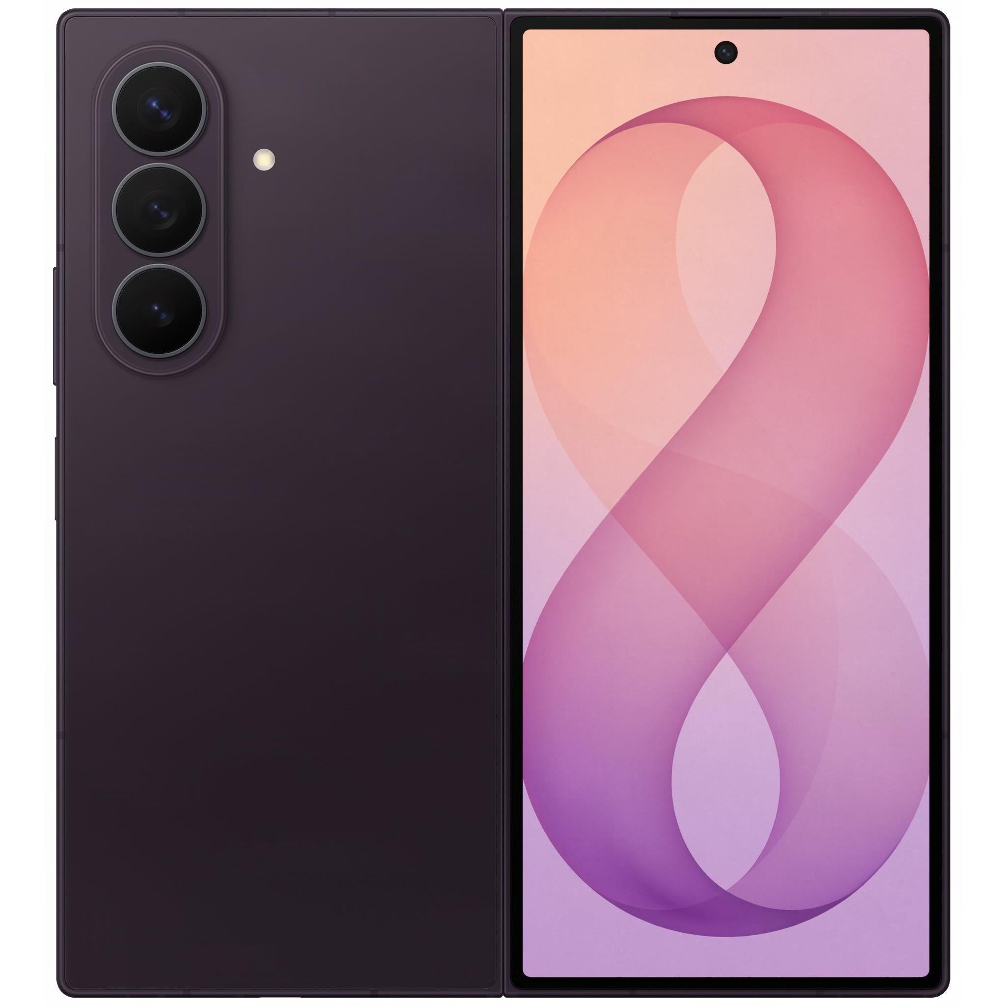 Foldable smartphone in Violet Shadow, front and back views with triple cameras