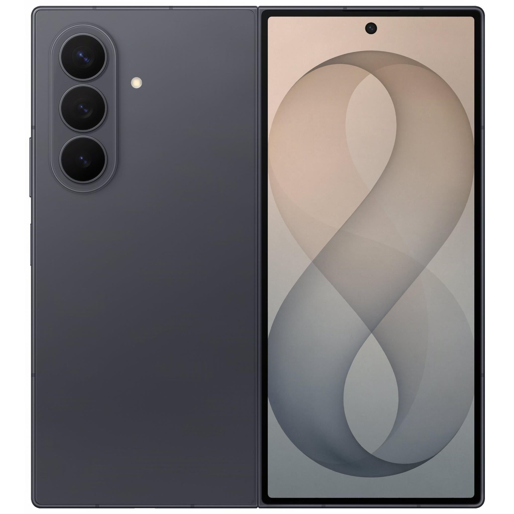 Samsung foldable smartphone in graphite, front and back views with triple camera