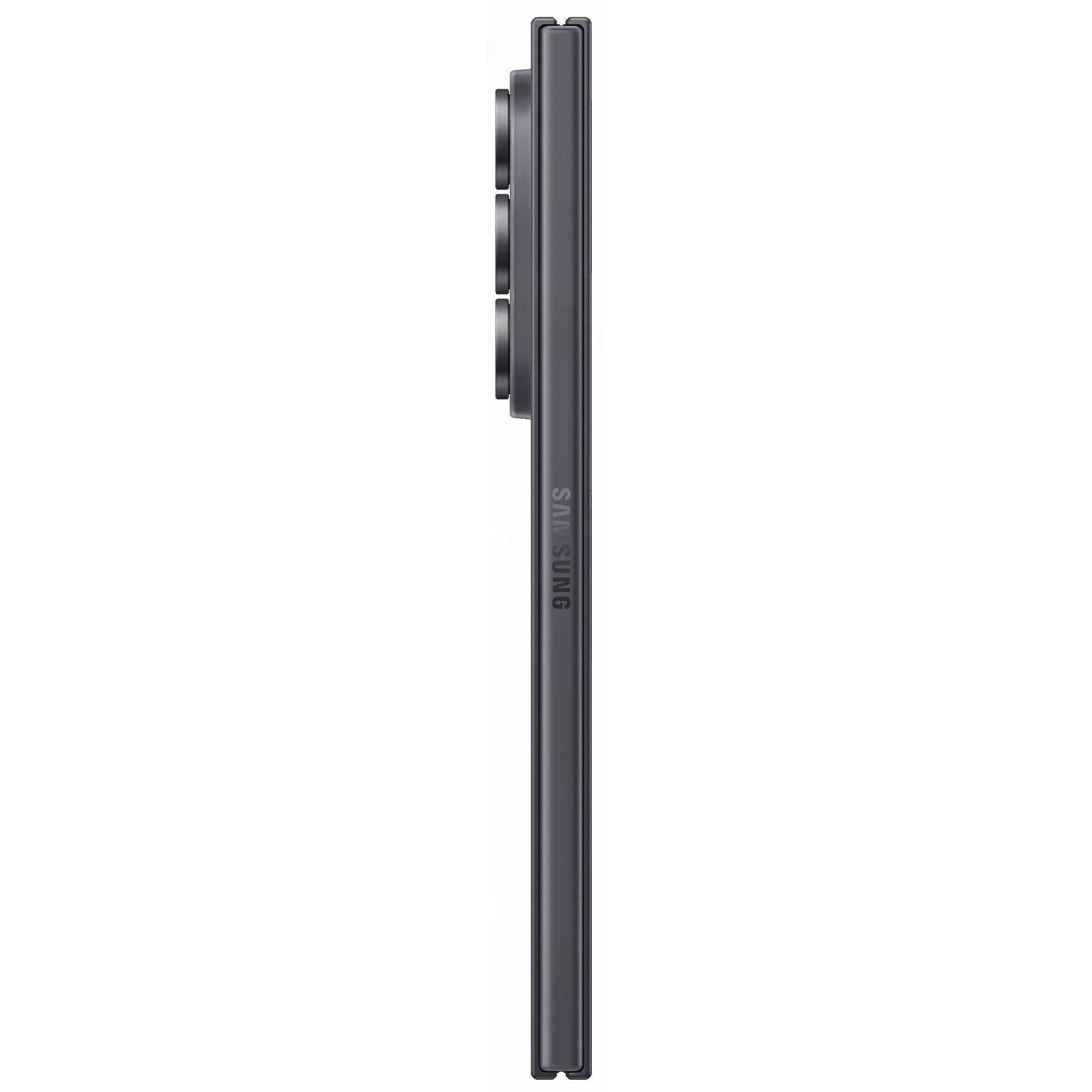 Samsung foldable smartphone, graphite side profile with buttons and hinge