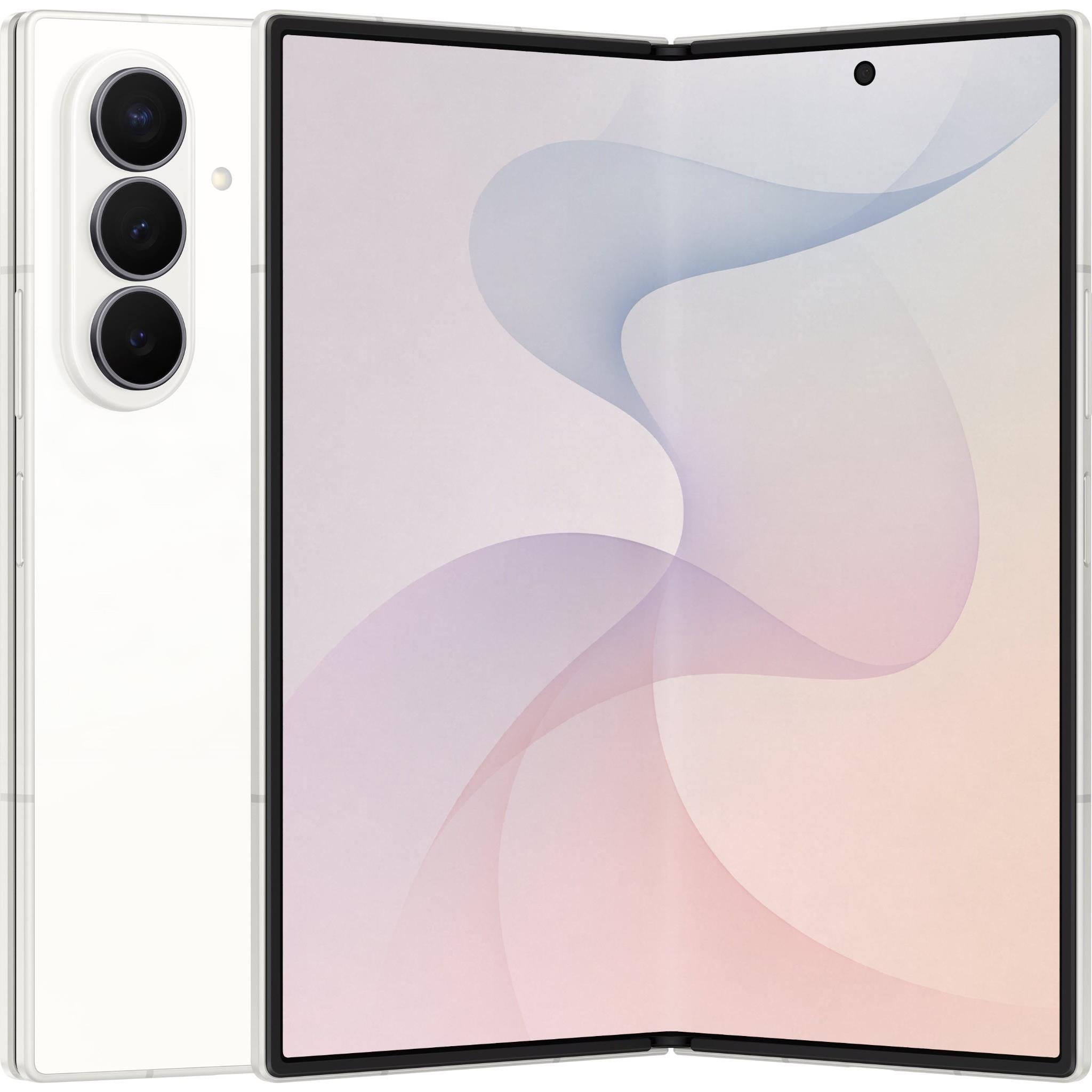 Cream Samsung foldable smartphone with front screen open and black bezel, triple rear cameras visible
