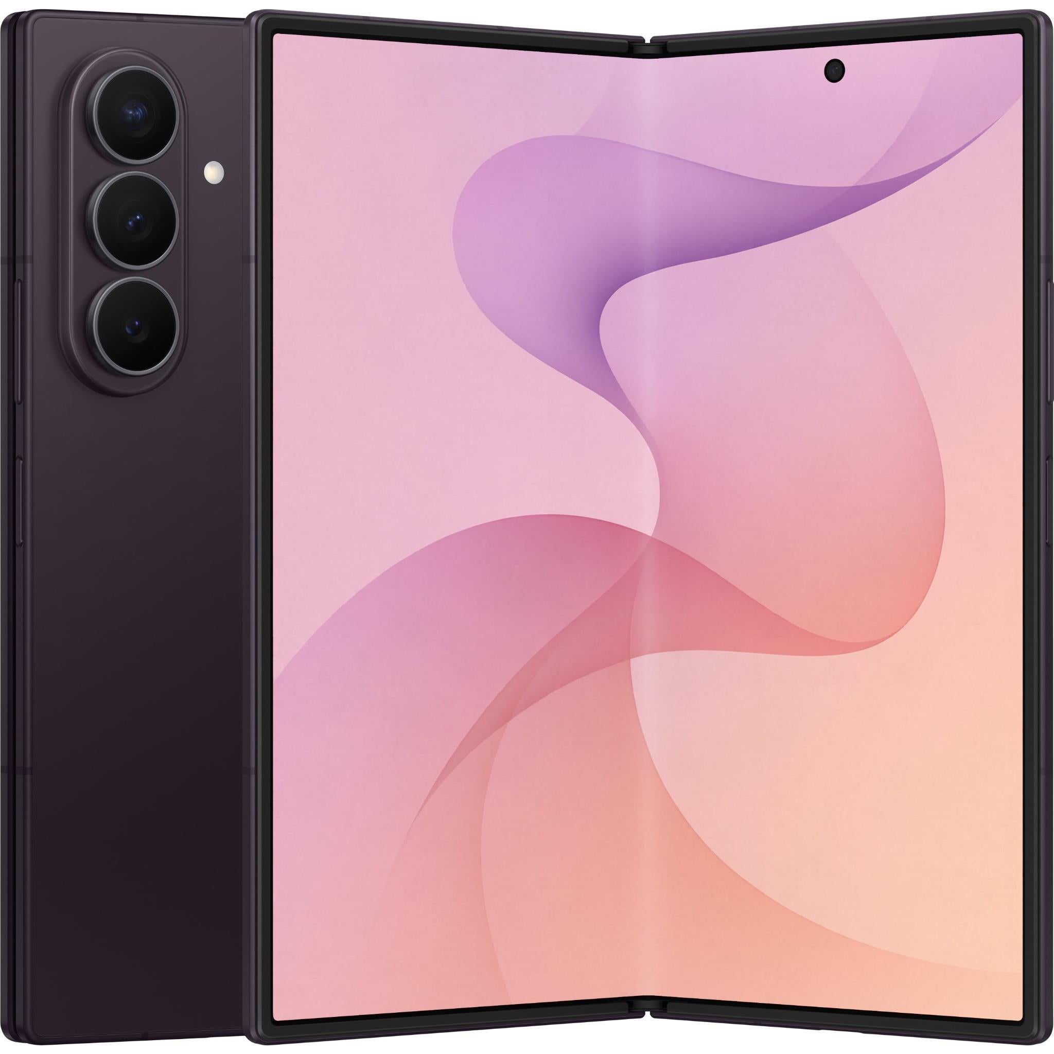 Violet shadow foldable smartphone with large open screen and triple rear cameras