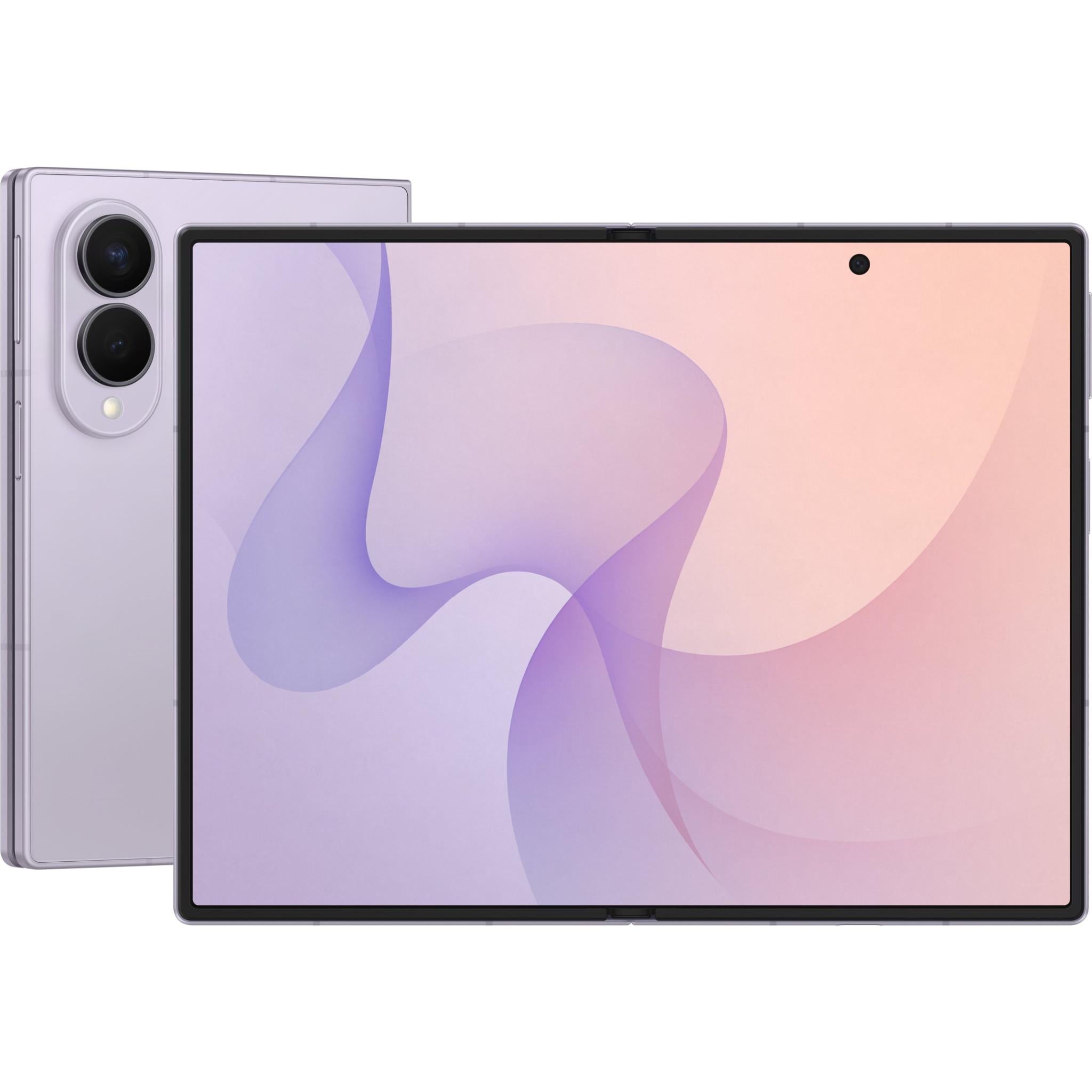 Lavender foldable smartphone showing front display with abstract purple and pink shapes