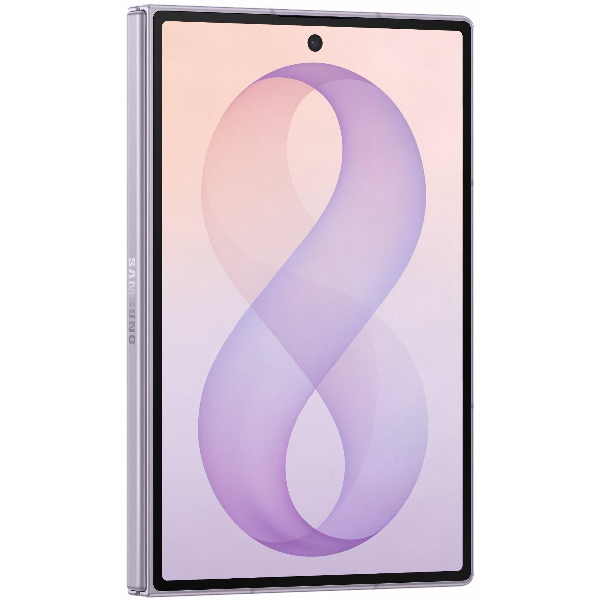 Lavender foldable smartphone open front view with abstract purple ribbon graphics