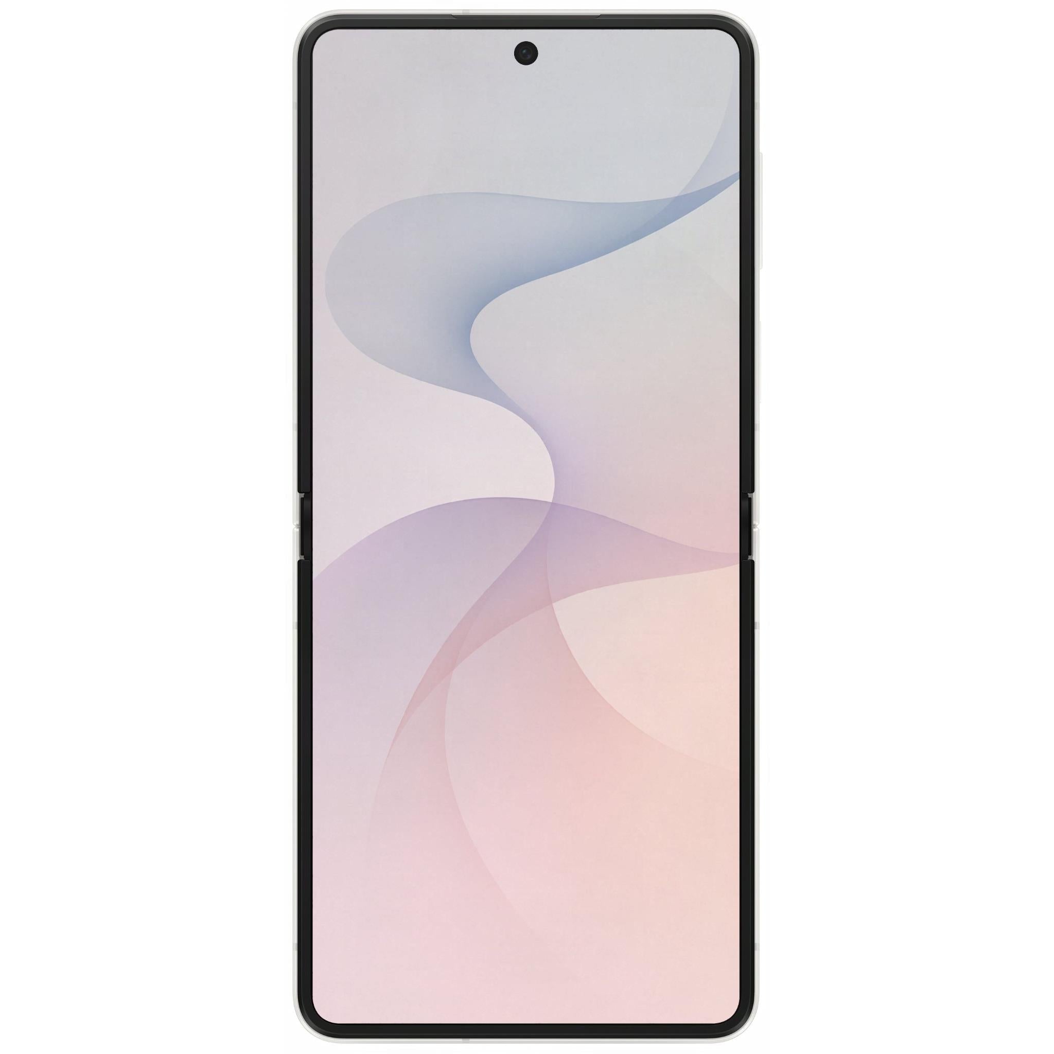 Cream foldable smartphone open, showing front display and top speaker notch.