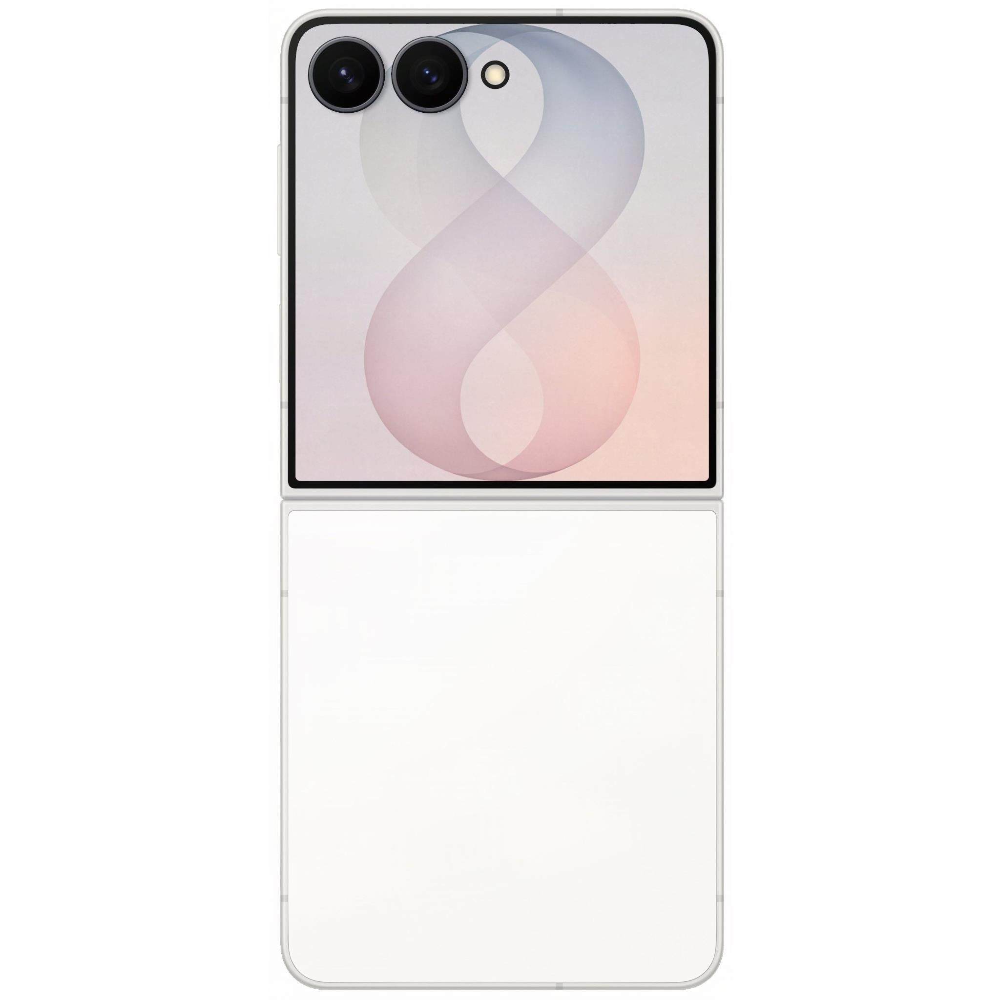 Cream foldable smartphone showing rear camera module and open front display.