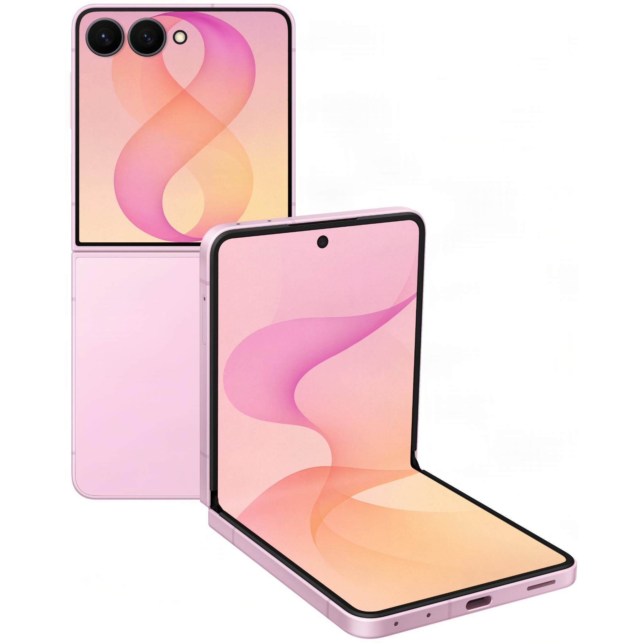 Pink foldable phone with open dual screens in a V shape