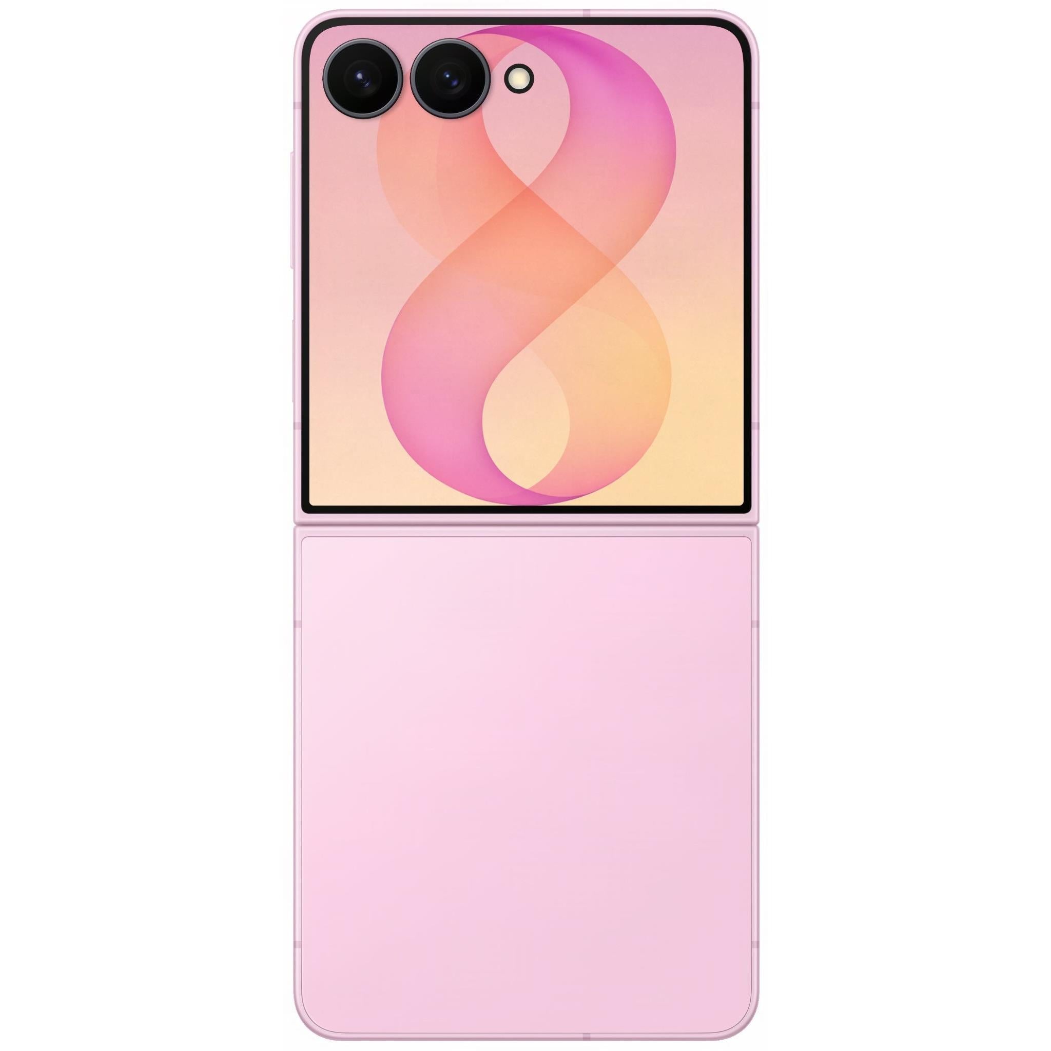 Pink foldable phone with cover screen and rear dual-camera module
