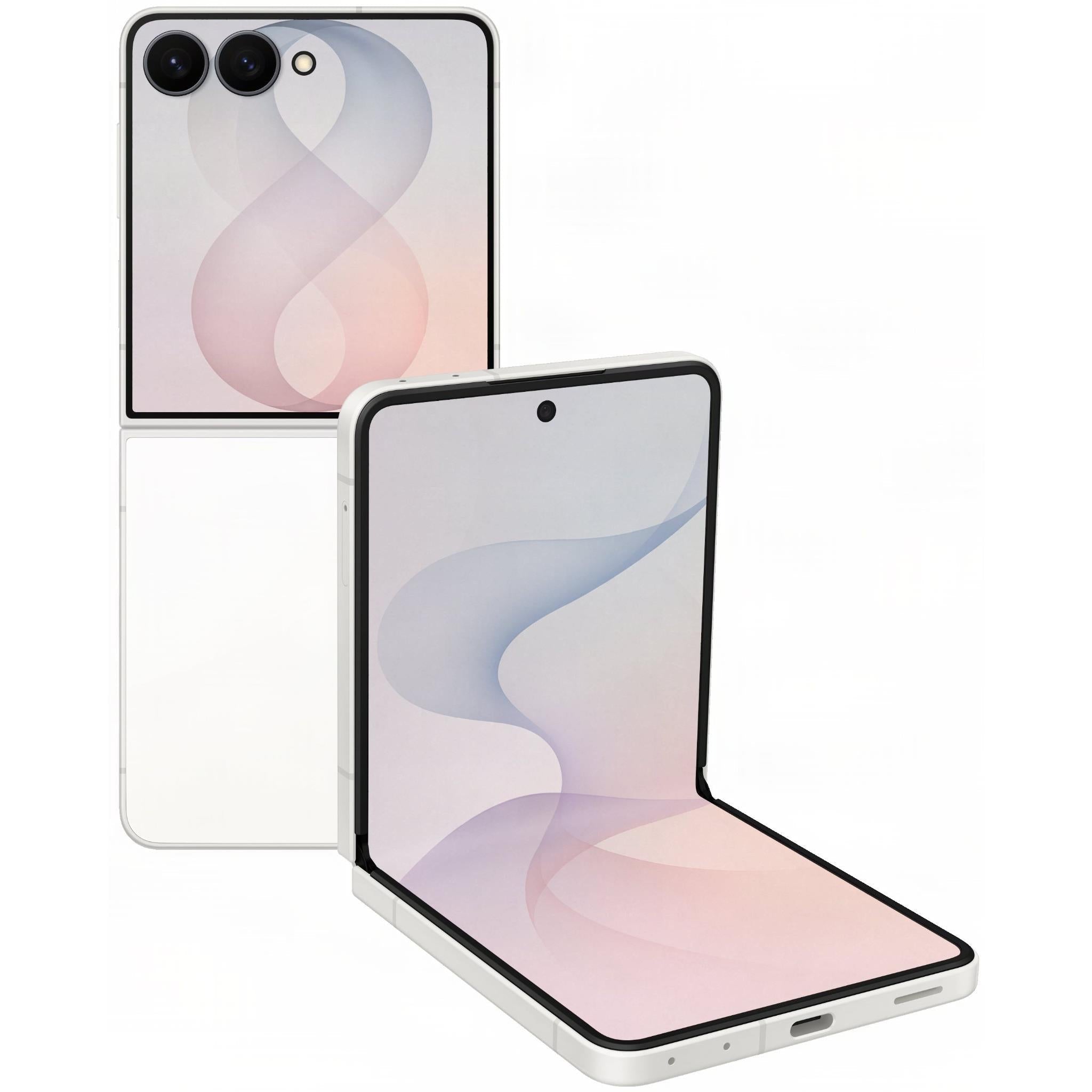 Cream foldable smartphone shown open with front and back panels visible