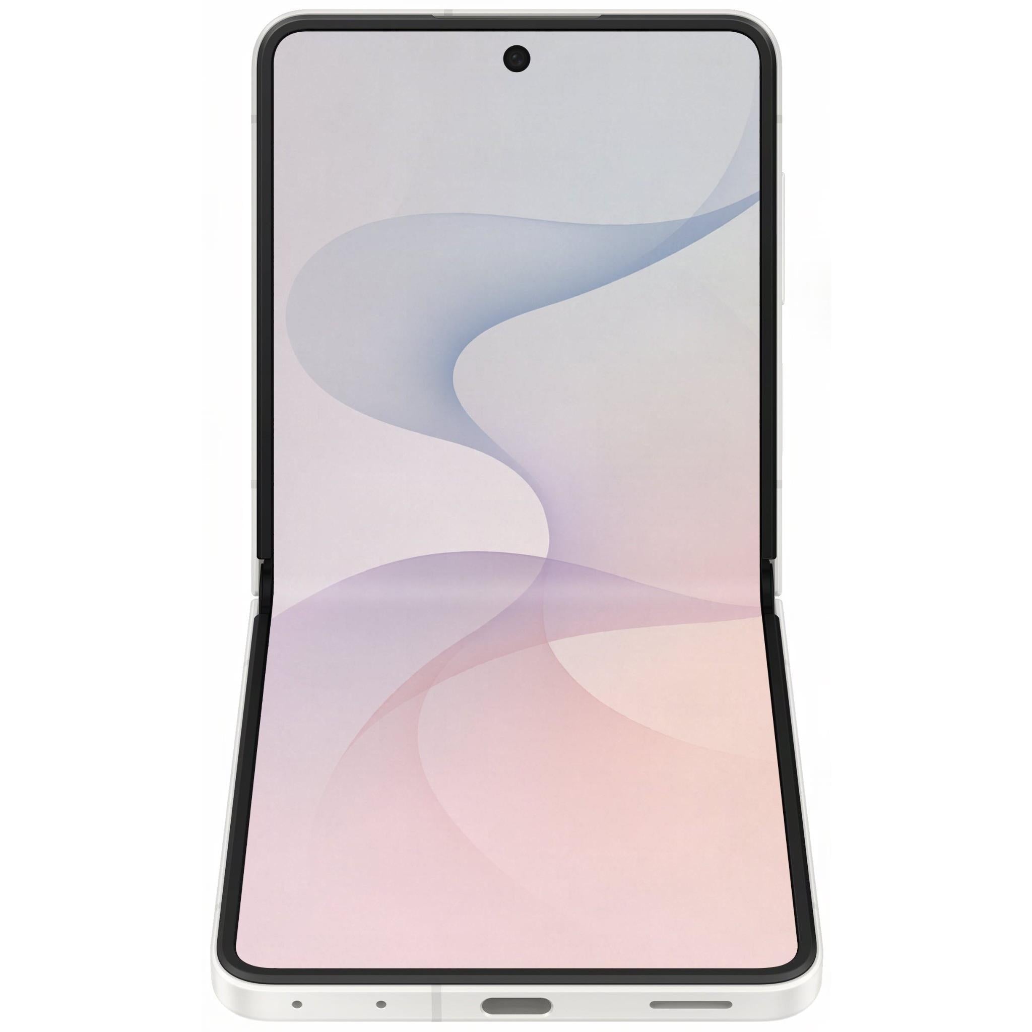 Cream foldable smartphone with front display open, black bezels