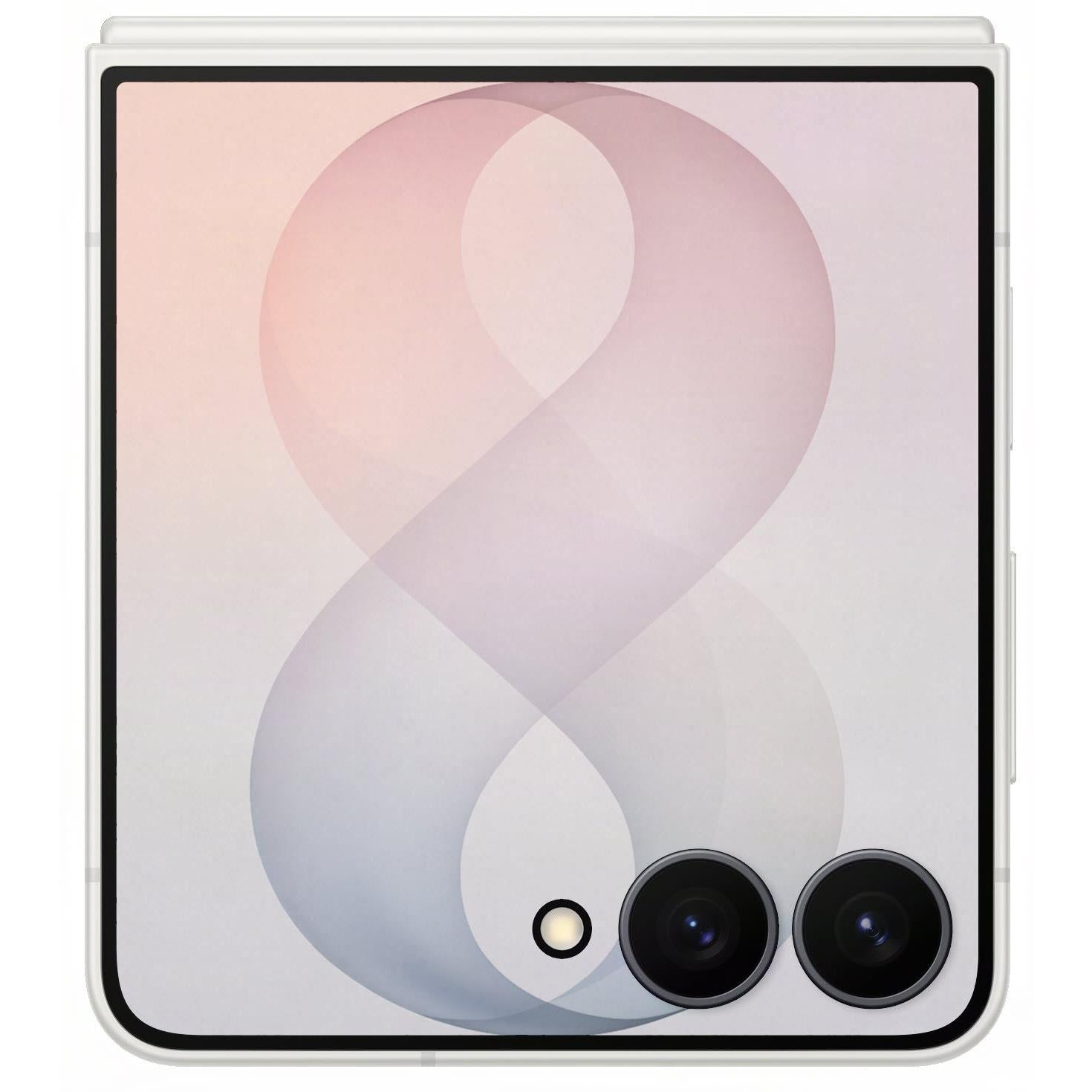 Cream foldable smartphone outer camera area with dual lenses and cover display