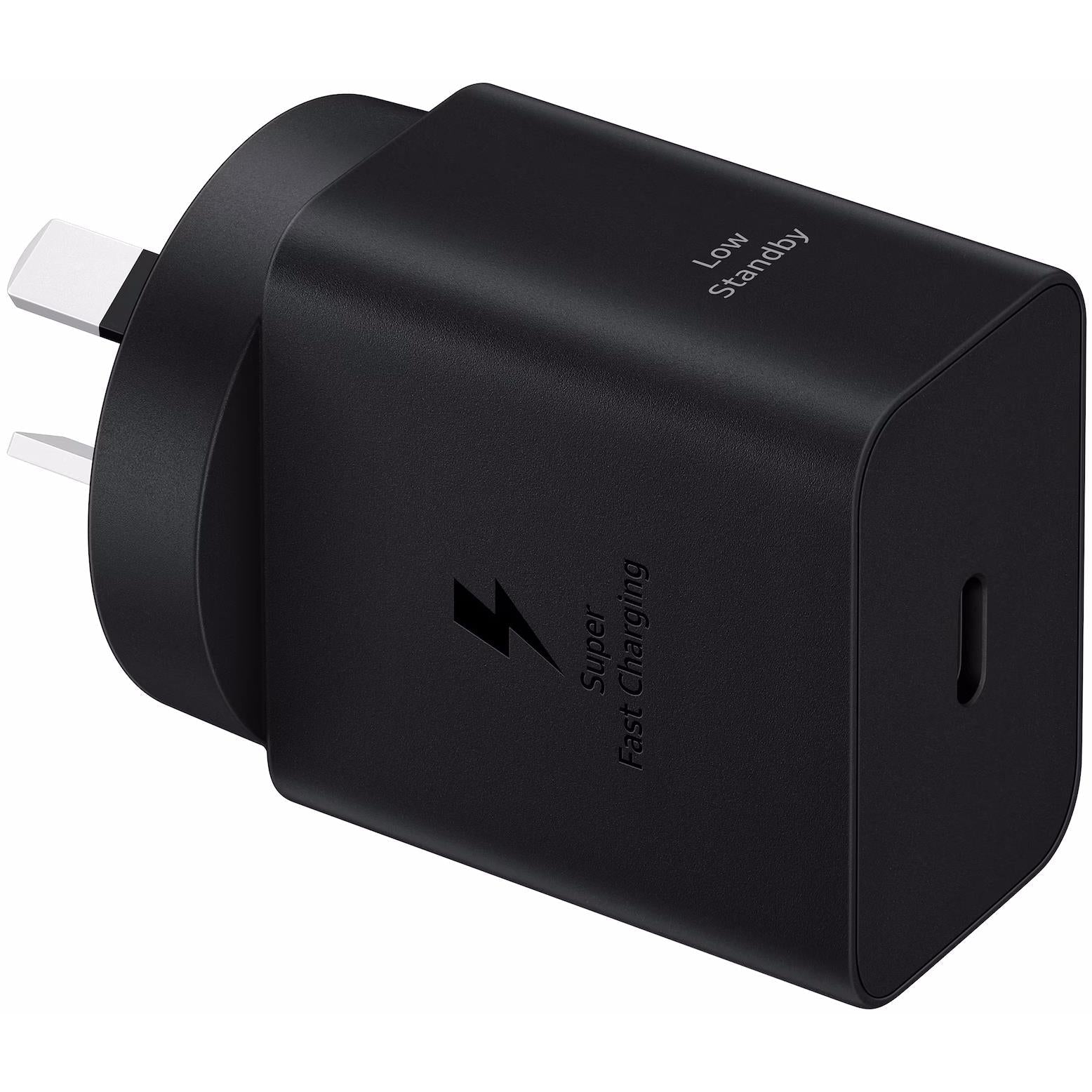 Samsung black USB-C wall charger with dual prongs and Super Fast Charging label