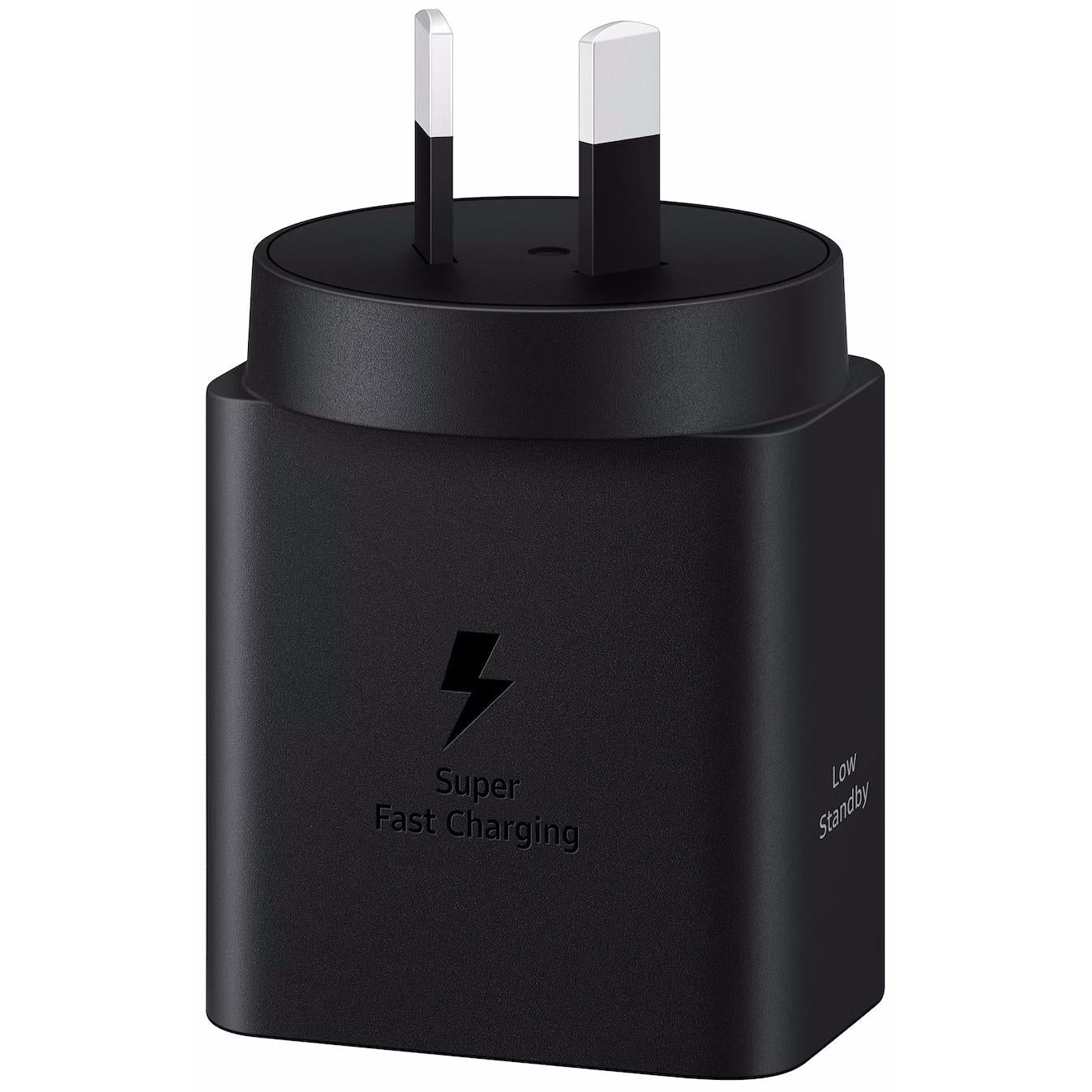 Black USB-C wall adapter with two plug prongs and Low standby text