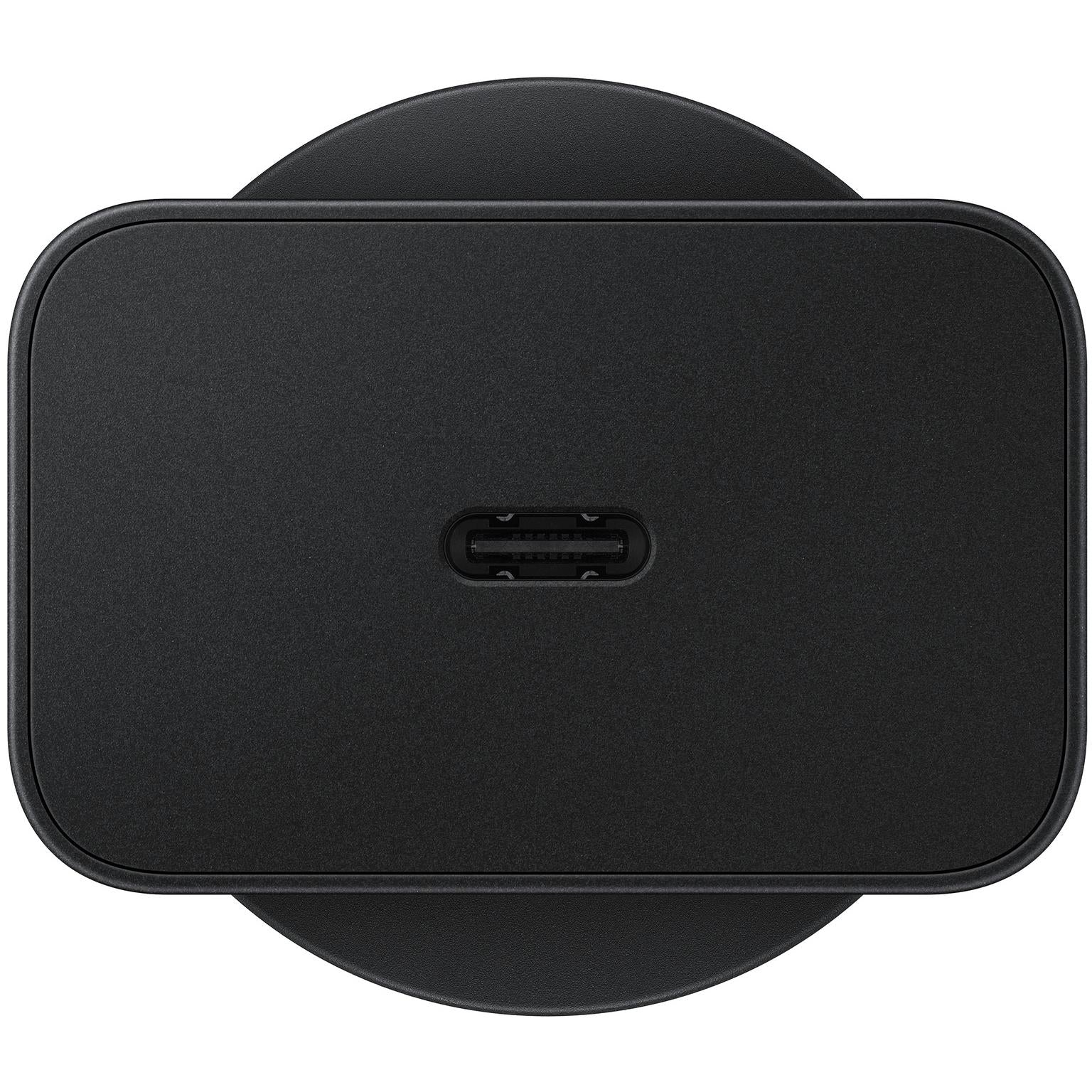 Black USB-C wall charger with rear USB-C port under cover