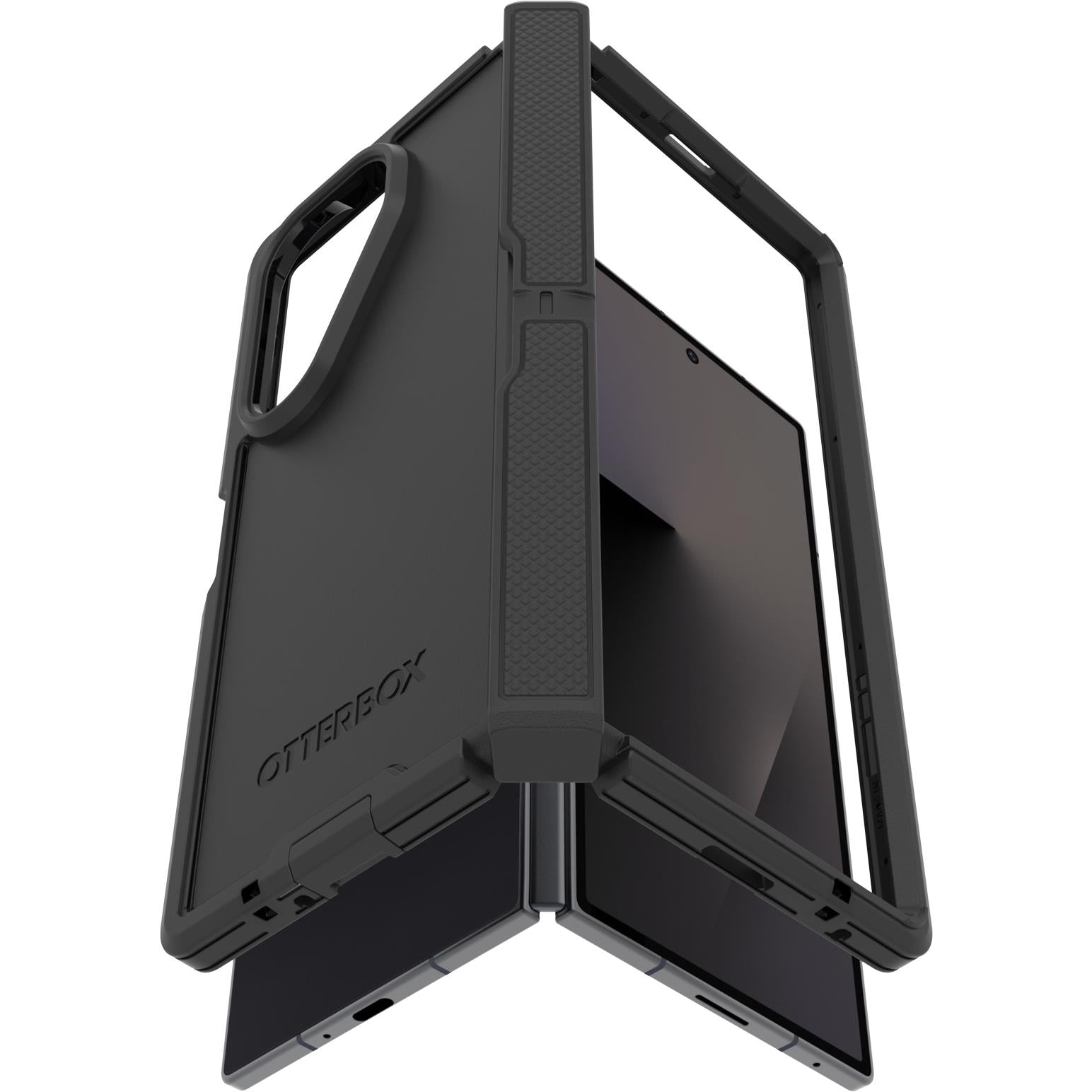 Black rugged case for a folding phone, open with textured strap centered