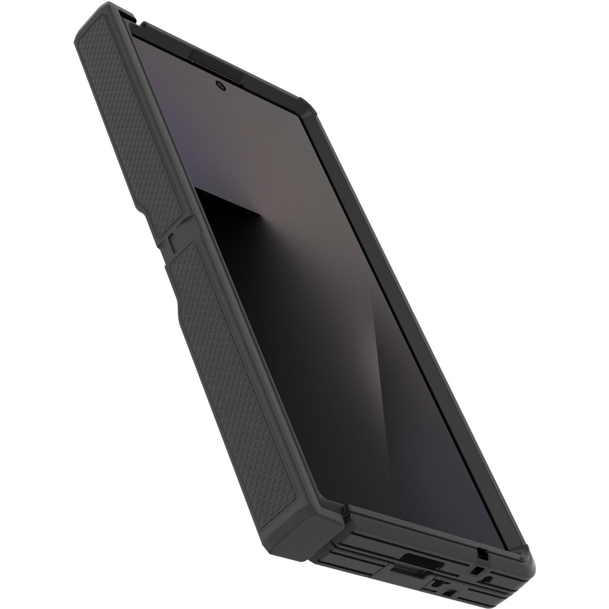 Black folding phone case on edge view, textured side grip