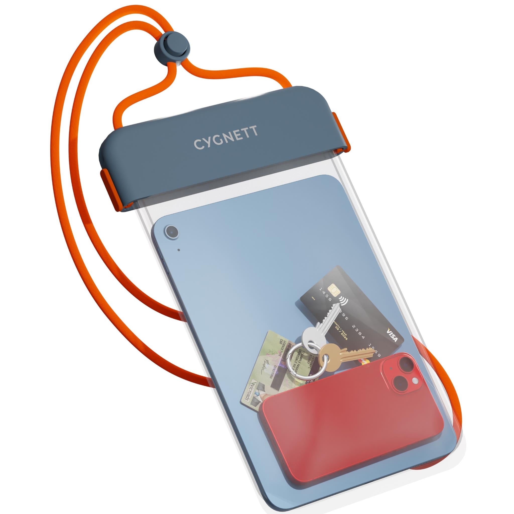 Waterproof tablet pouch with orange lanyard and dark blue seal flap