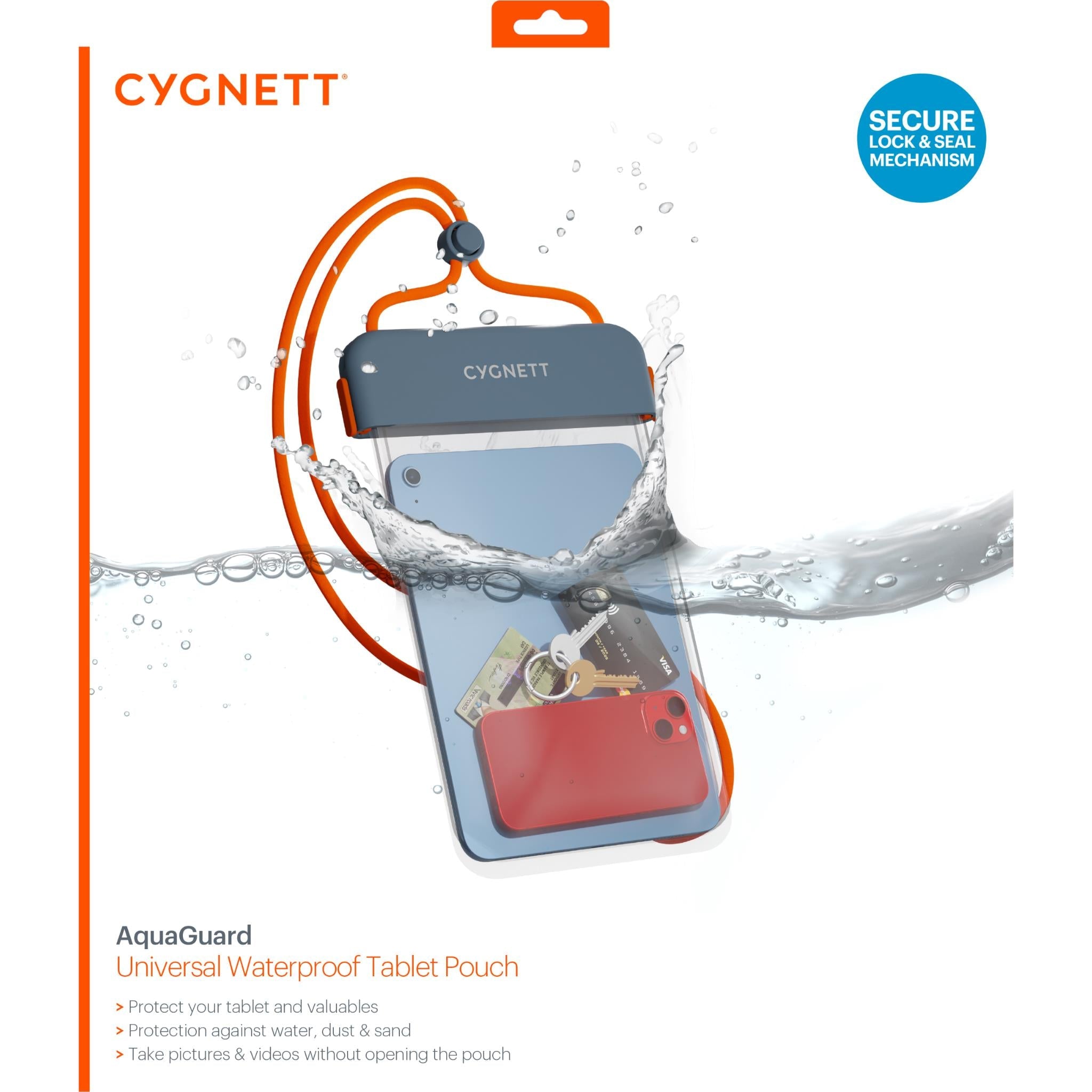 Waterproof tablet pouch with orange lanyard and sealed top, water-splash look