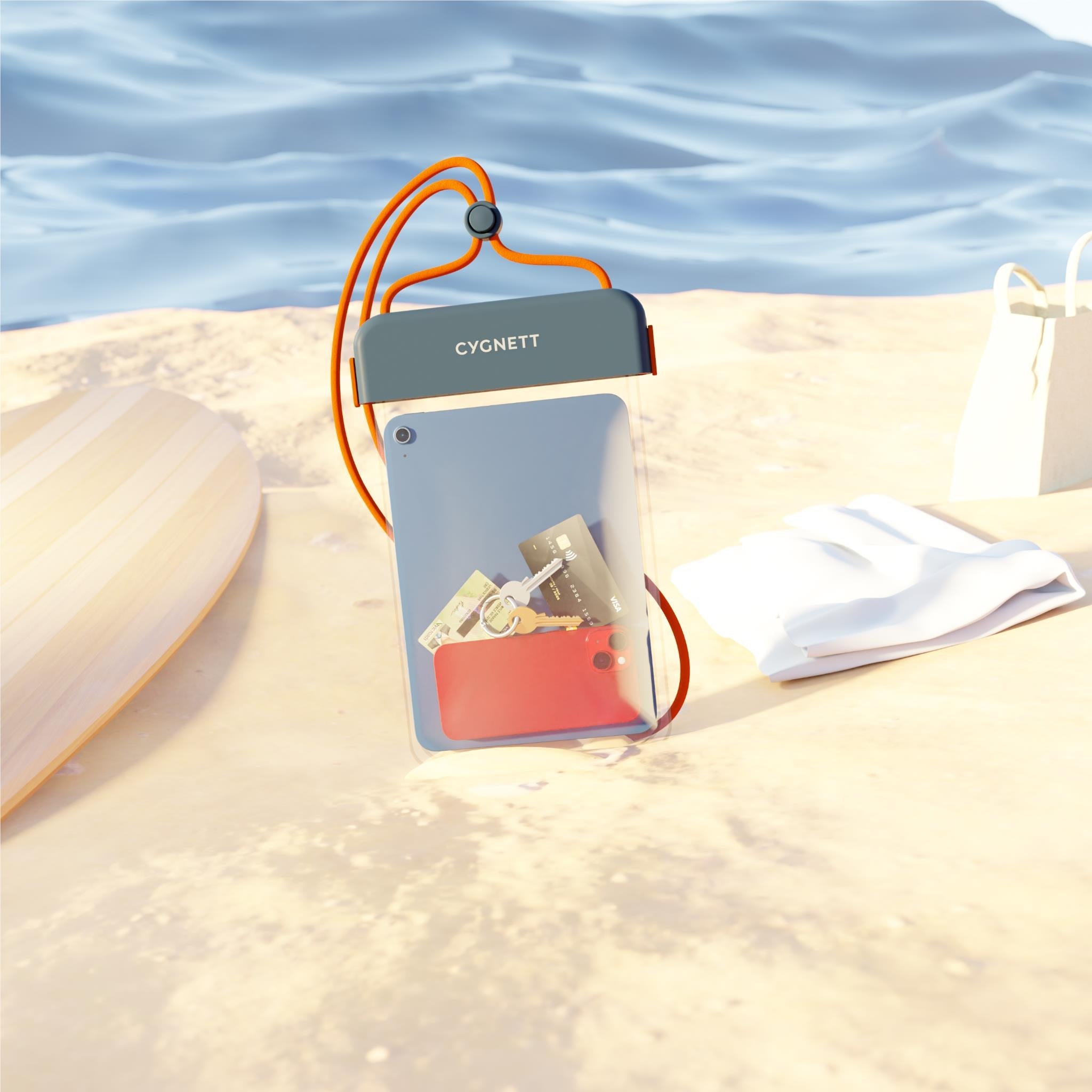 Waterproof tablet pouch with orange lanyard and dark blue seal flap, upright