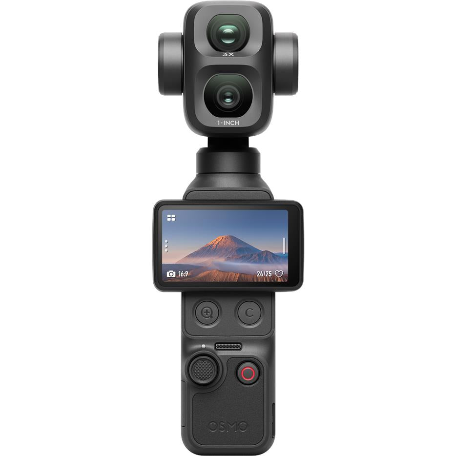 DJI Osmo Pocket 4P handheld gimbal camera, front view with active display, dark gray