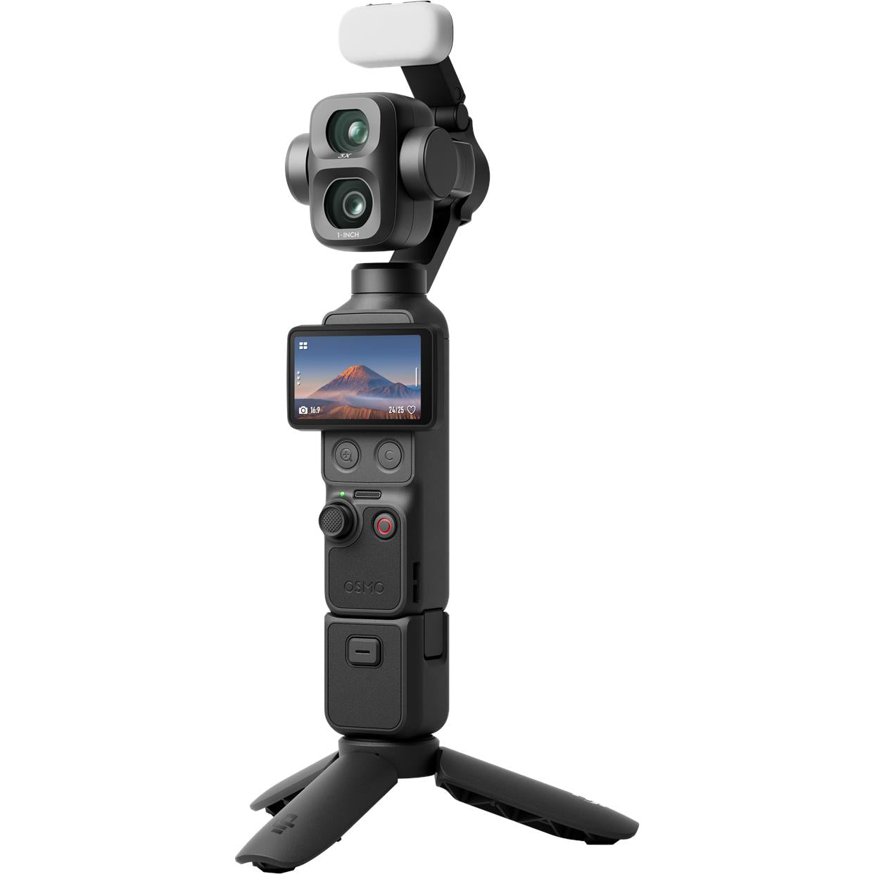 Black handheld 3-axis gimbal camera with dual-lens head and front screen
