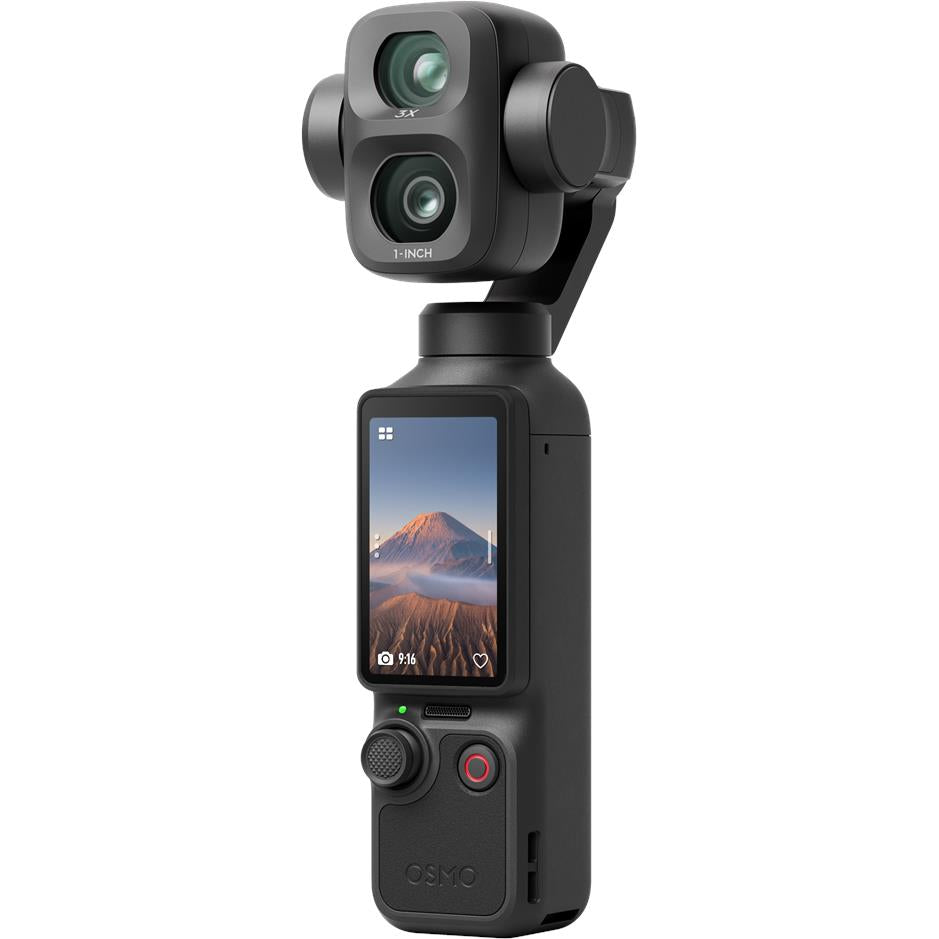 Black handheld gimbal camera with rear buttons and small status screen