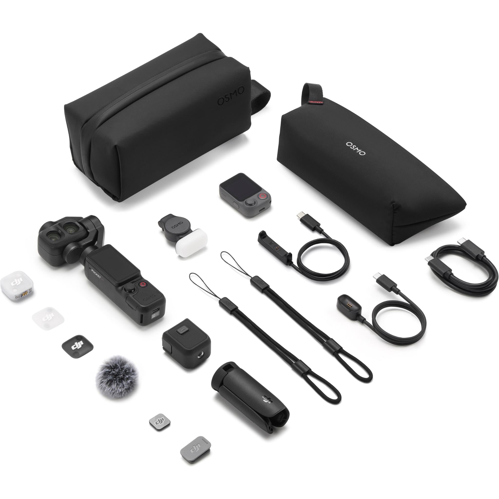 Black Osmo accessory kit with gimbal camera, cables, mounts, mic, and cases