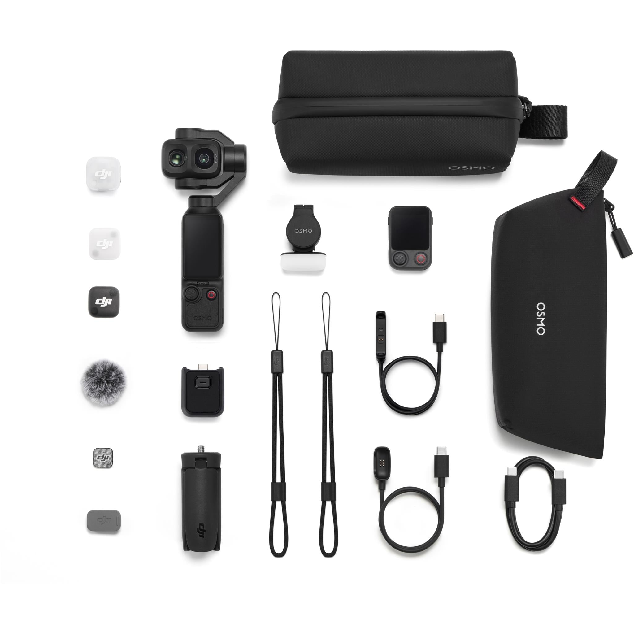 Black gimbal camera accessory bundle with pouches, cables, batteries, and mounts