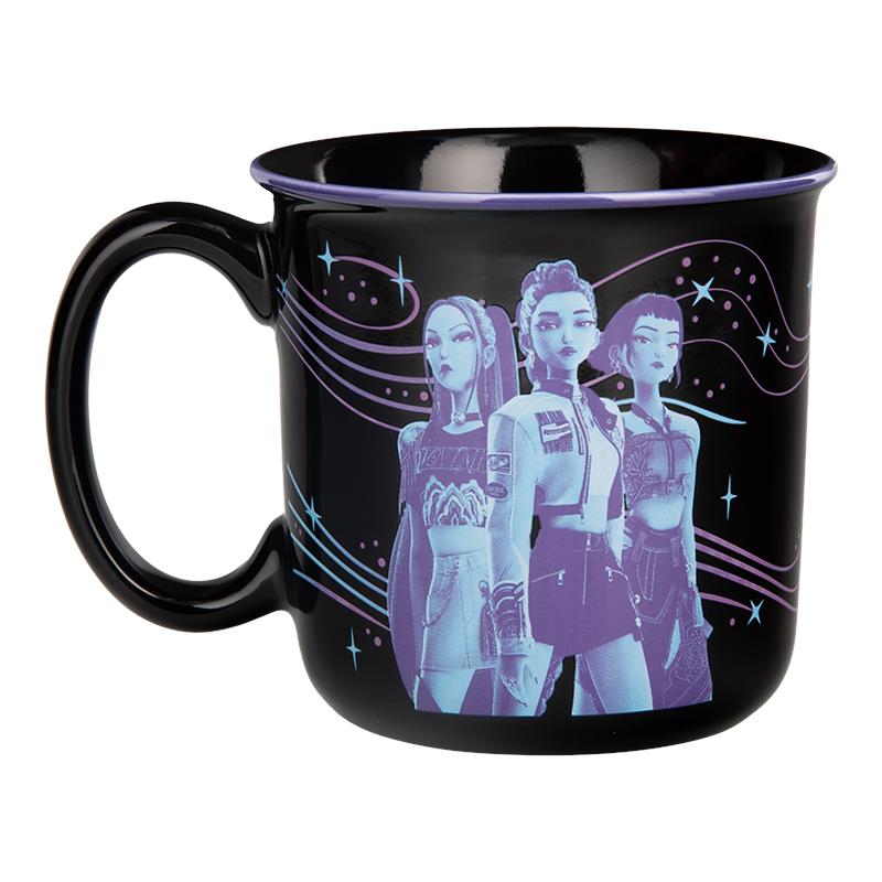 Black ceramic mug with purple character graphic, curved handle and wide rim