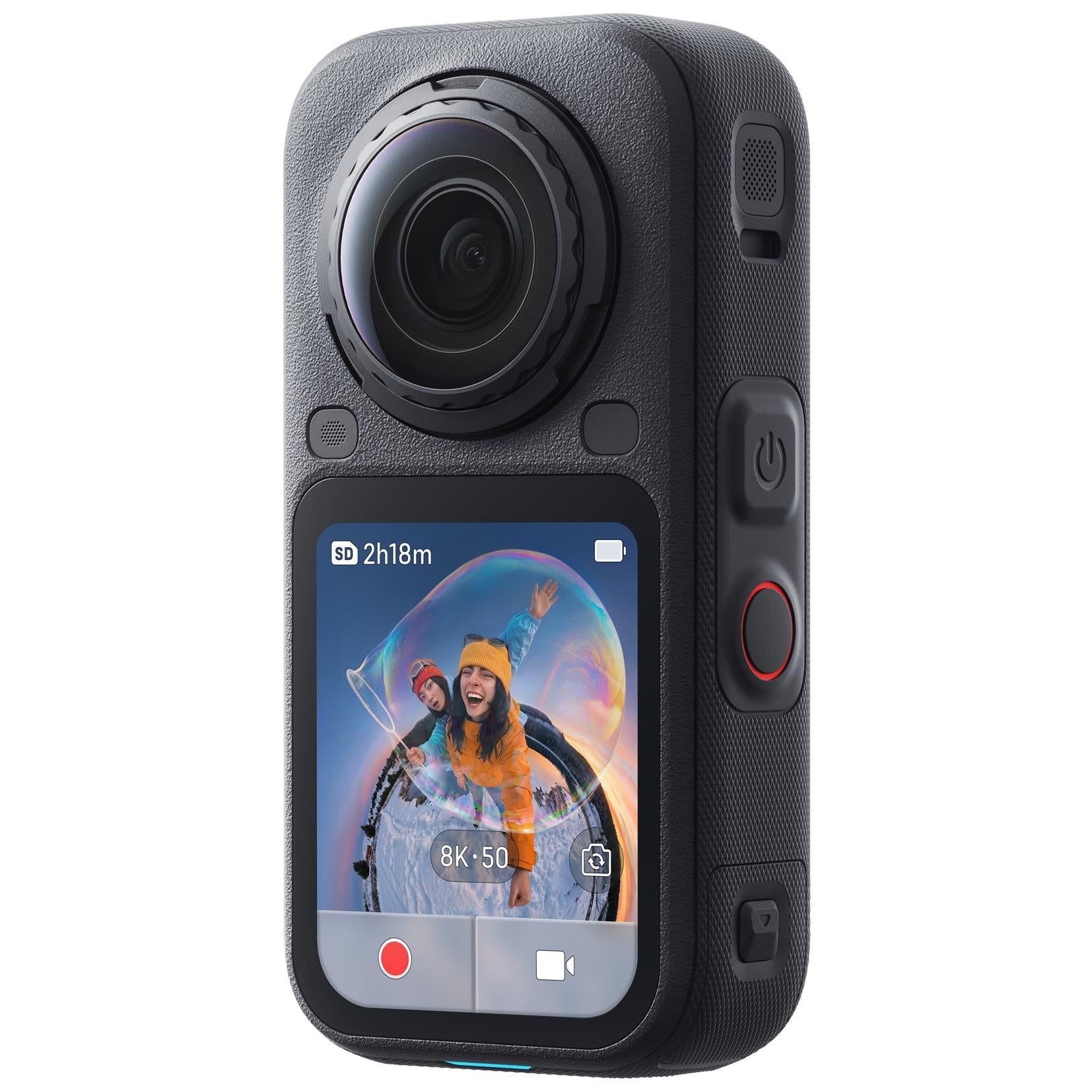 Black 360 action camera with front display and circular lens