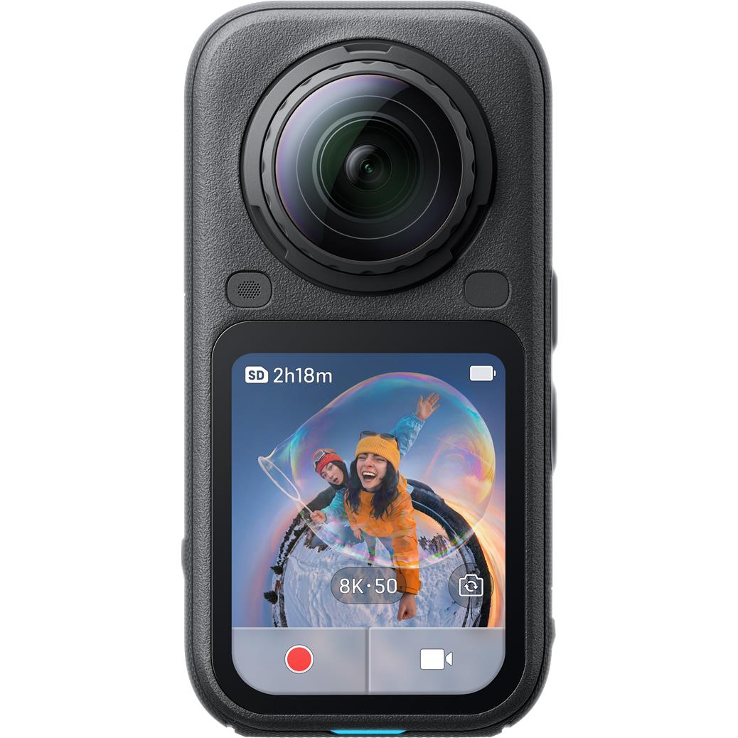 Black 360 action camera with front lens and LCD preview screen