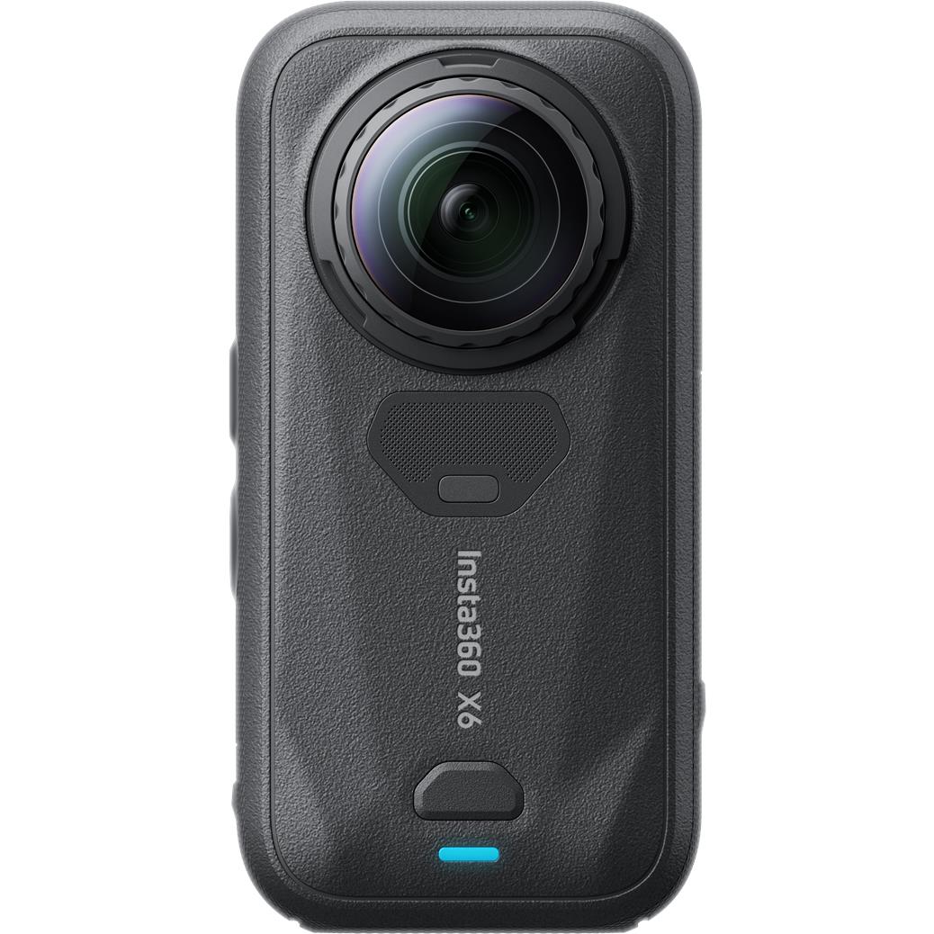 Black 360 action camera back close-up with label and blue status light