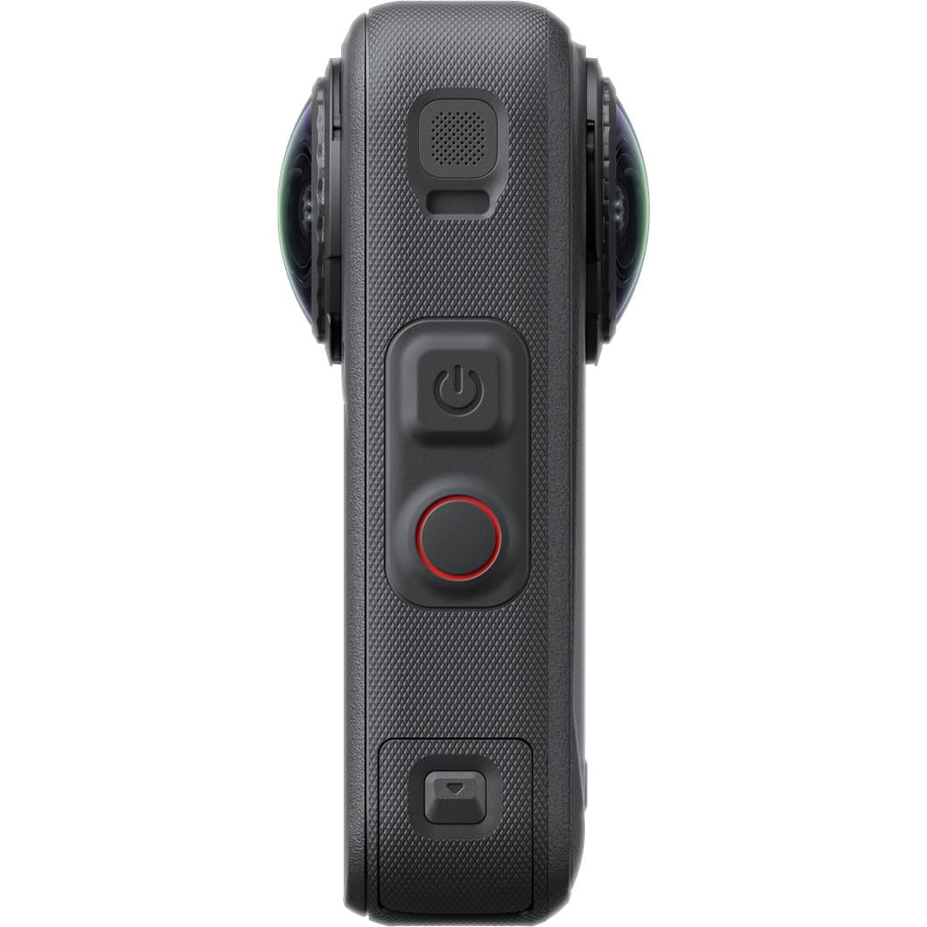 Black 360 action camera side view with power and red control button