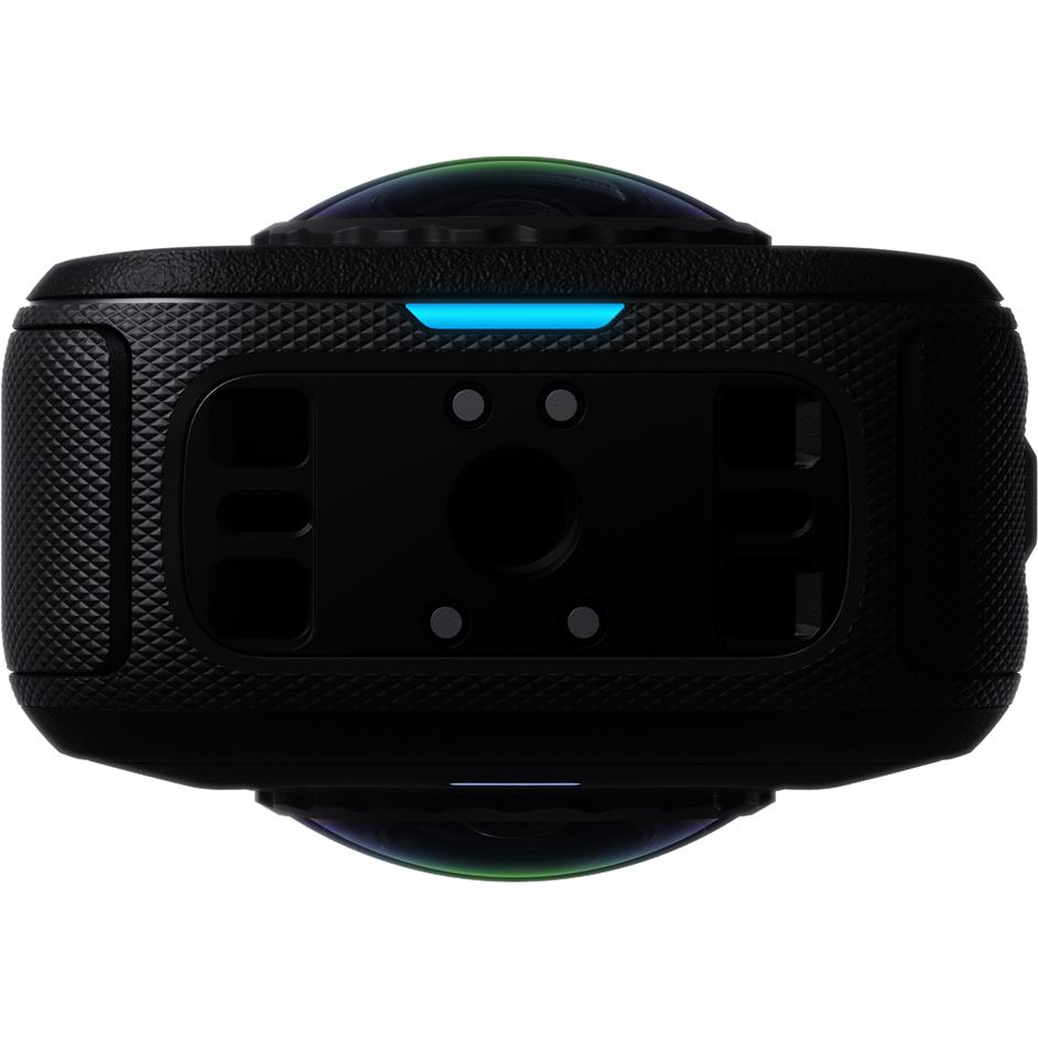 Black 360 action camera underside view with ports and blue light strip