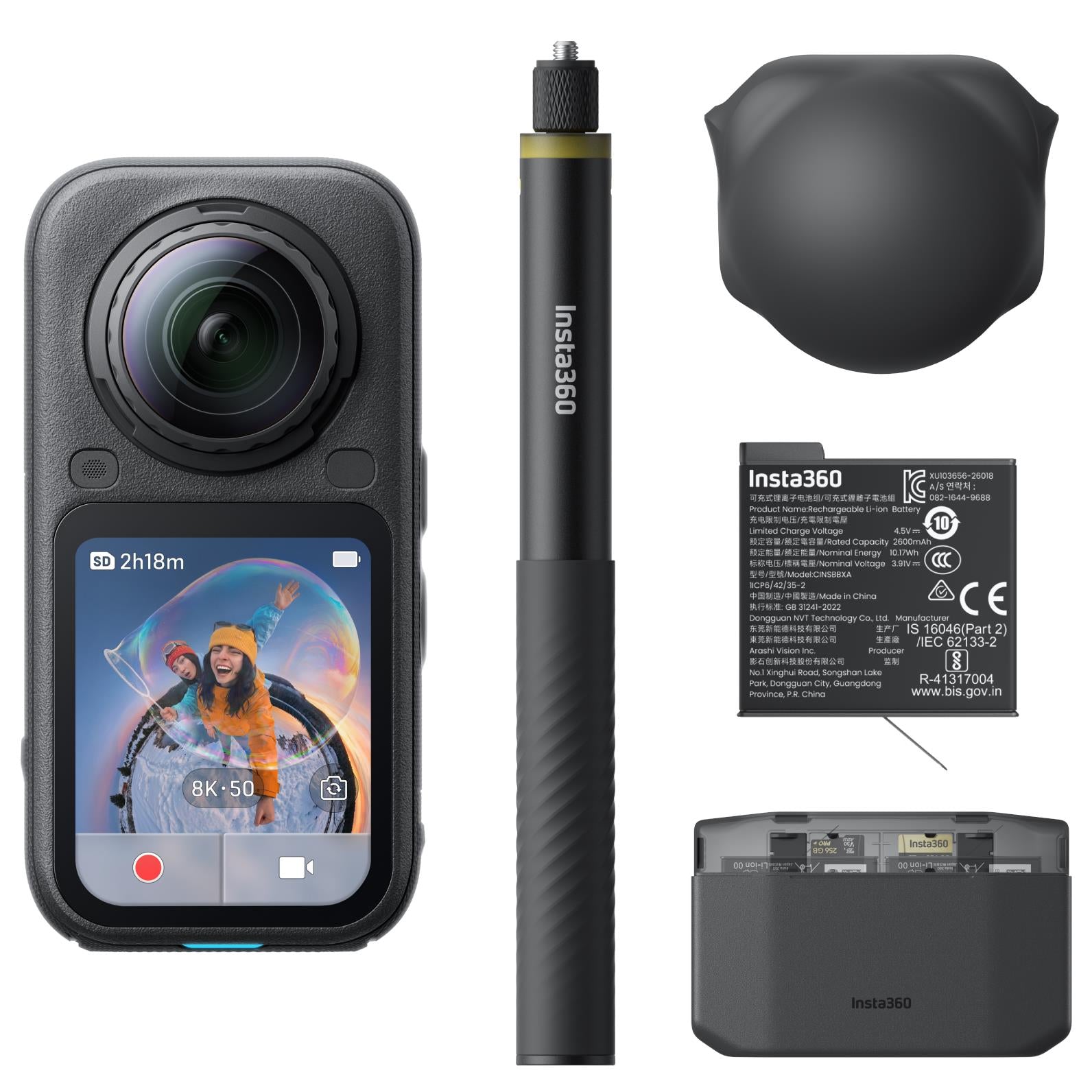 Insta360 X6 black 360 camera with lens cover, accessory parts, and label