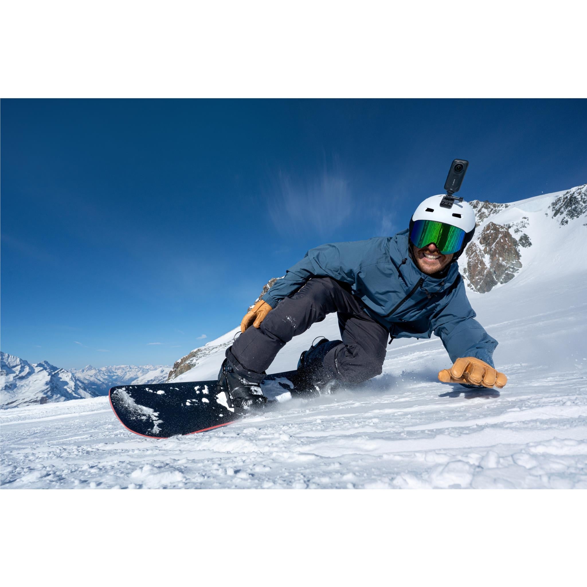 Insta360 360 camera on snowboarding mount, secured near the board