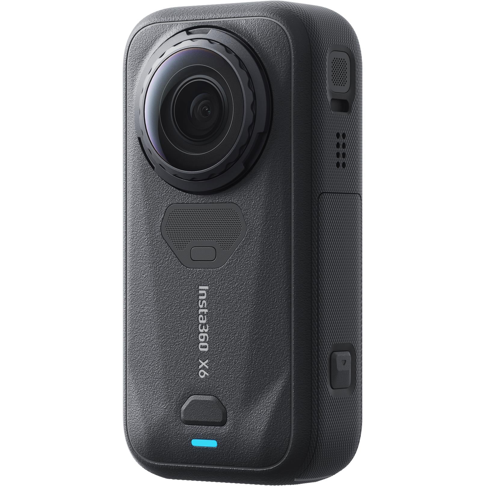 Insta360 X6 black 360 camera rear view with embossed model text and lights