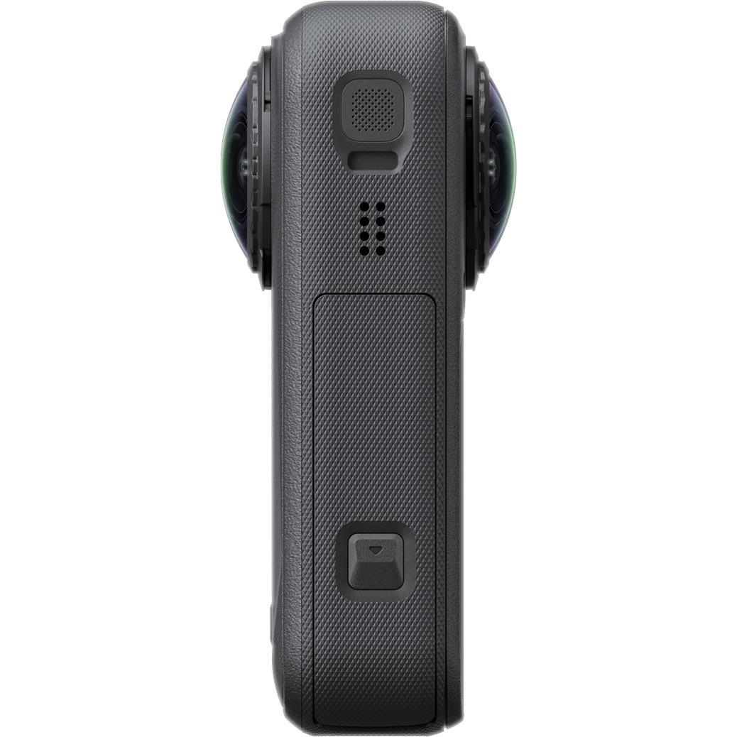Insta360 X6 black 360 camera side view with speaker holes and buttons