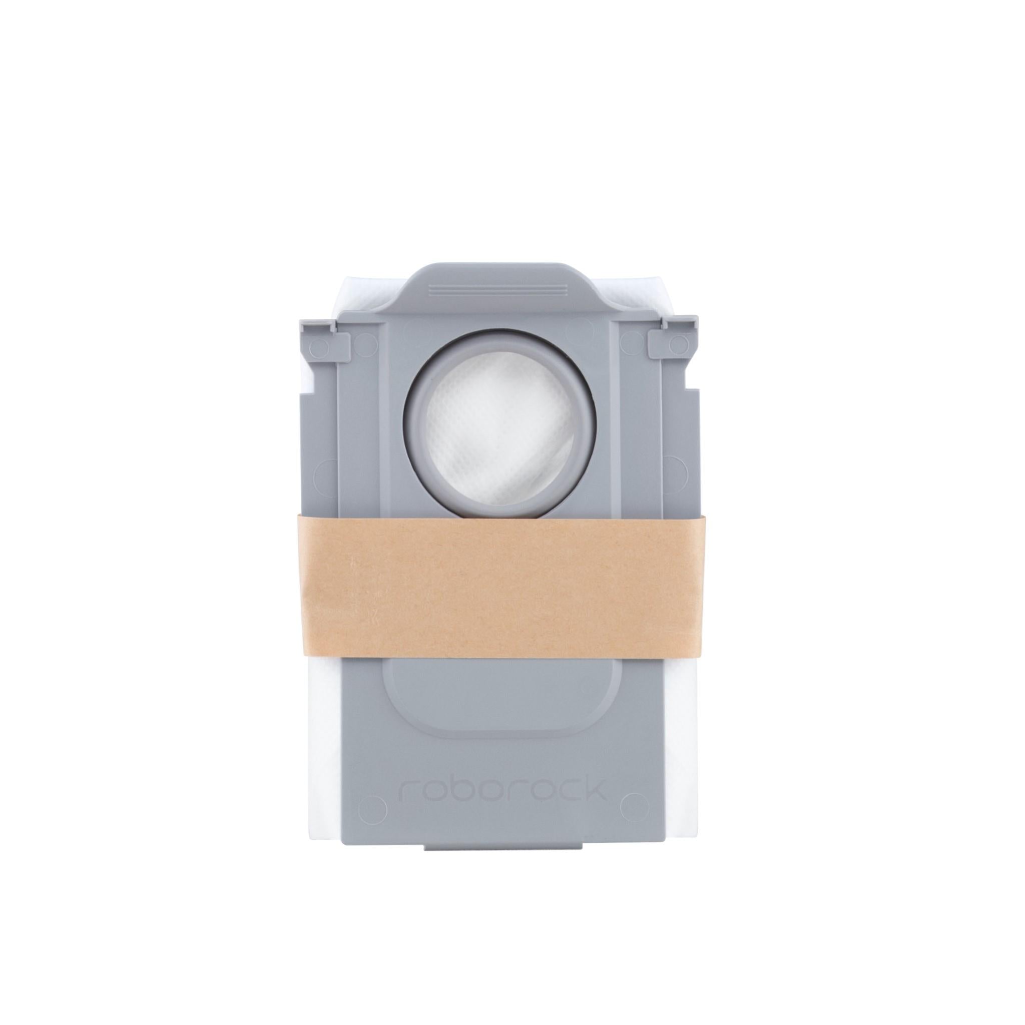 Roborock disposable dust bag with gray base, round filter window, and kraft band