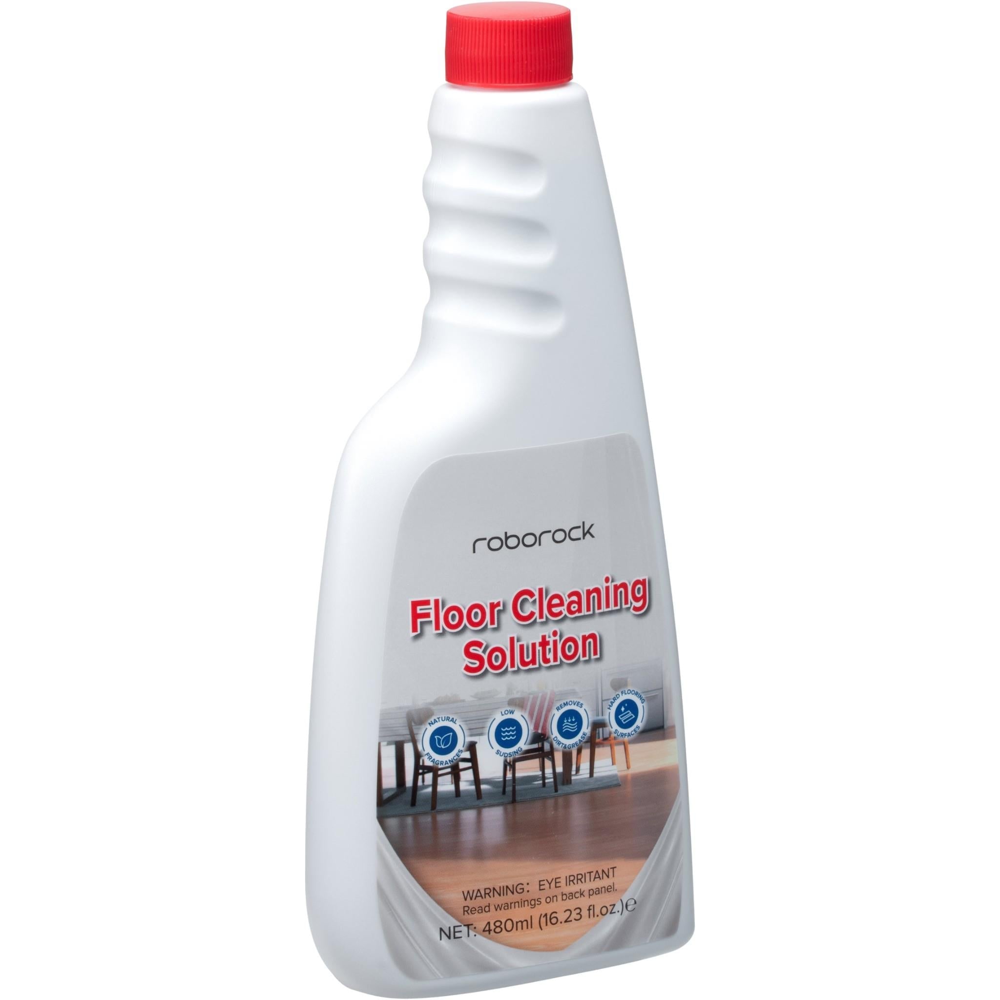 Roborock floor cleaning solution bottle, white with red cap, angled view