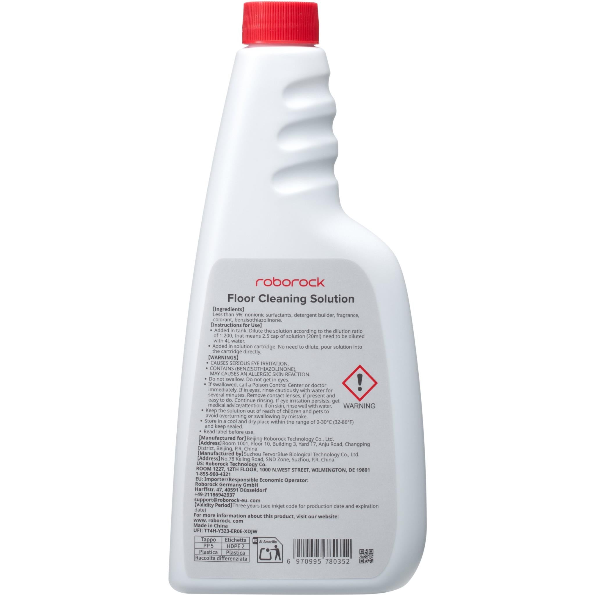 Roborock floor cleaning solution bottle, back label with warning icons