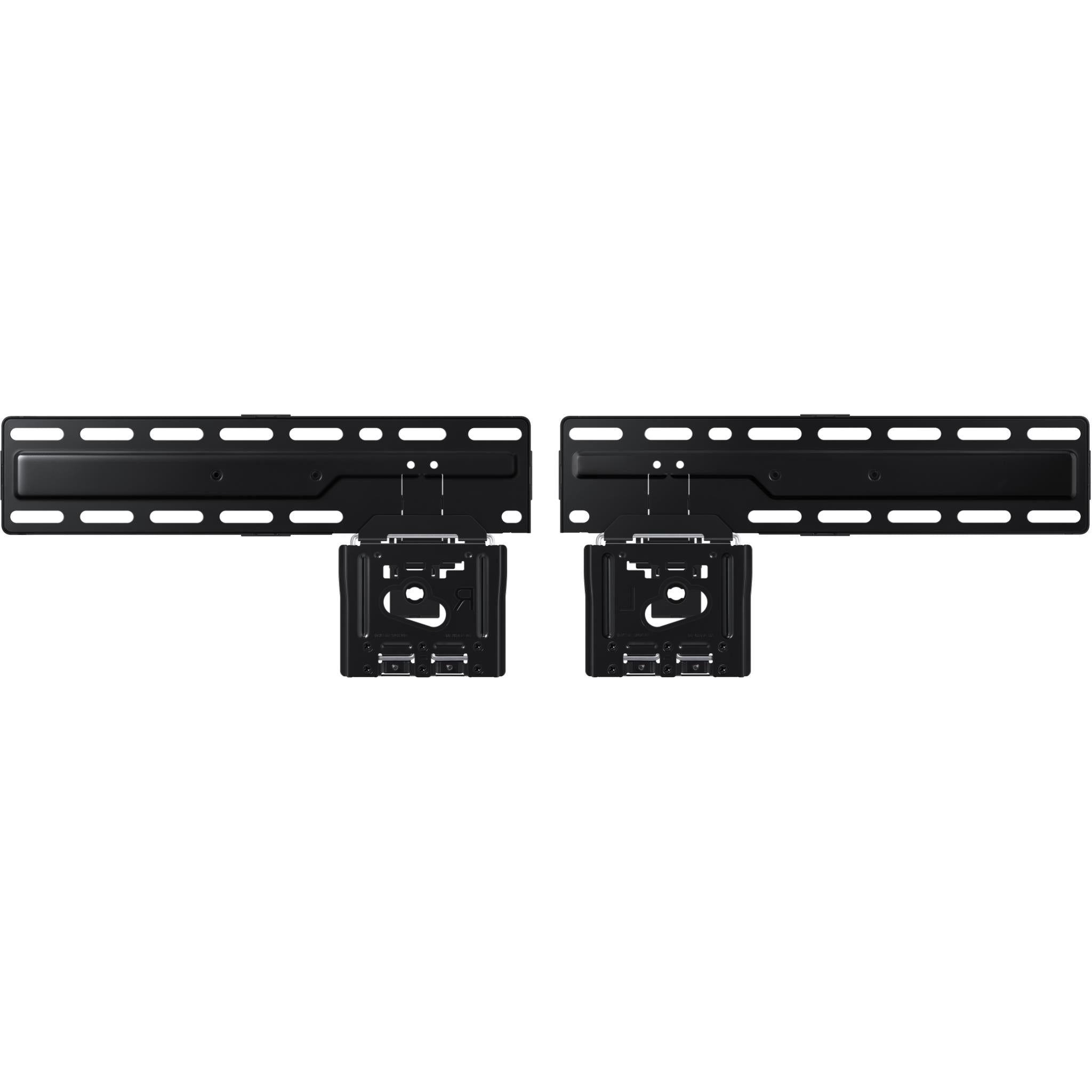 TV wall mount bracket with slim wall plate and two mounting arms, black metal