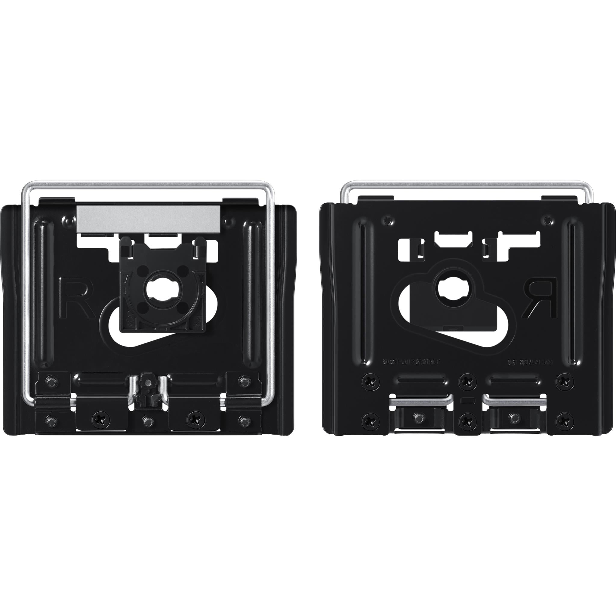 TV wall mount bracket showing back plate with mounting holes and hardware, black