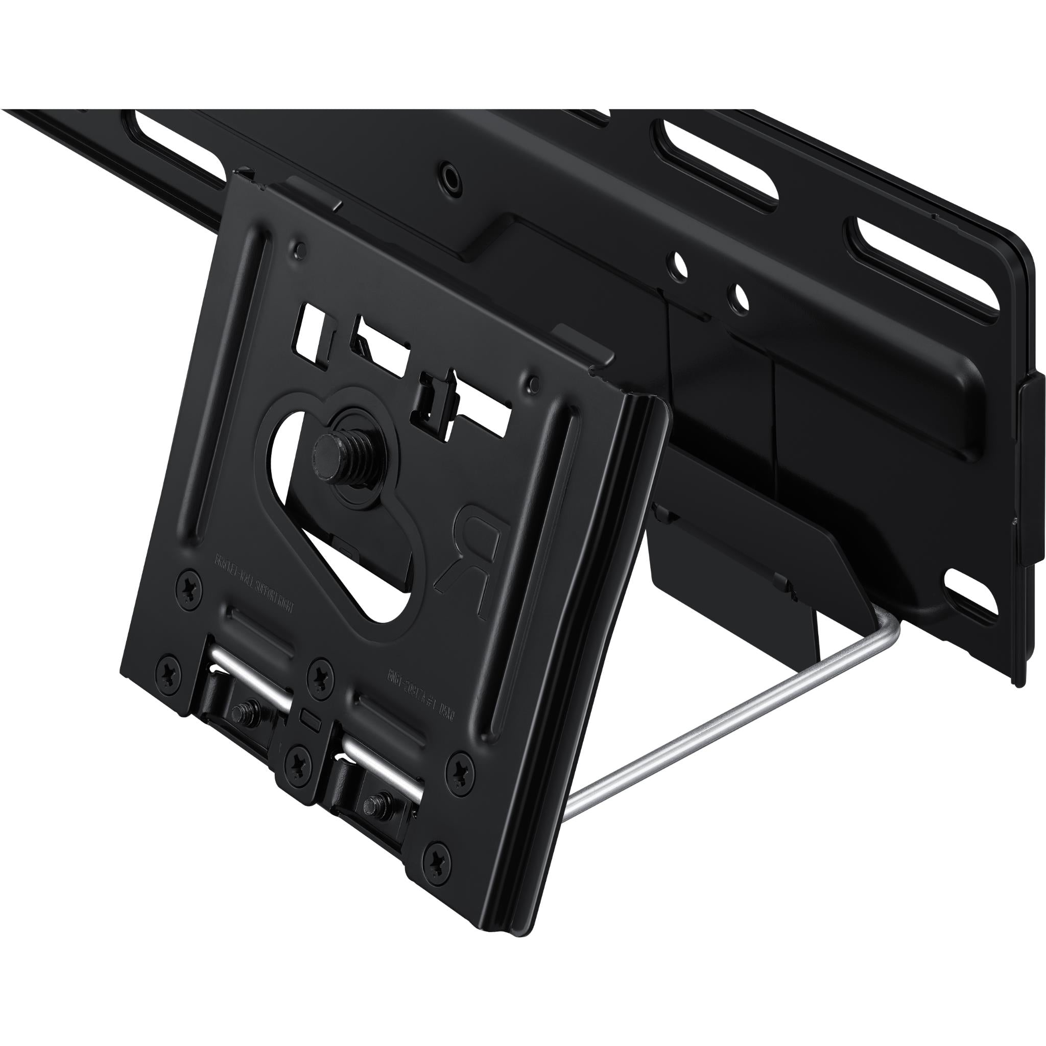 Close-up of TV mount bracket back with threaded screw and mounting points, black